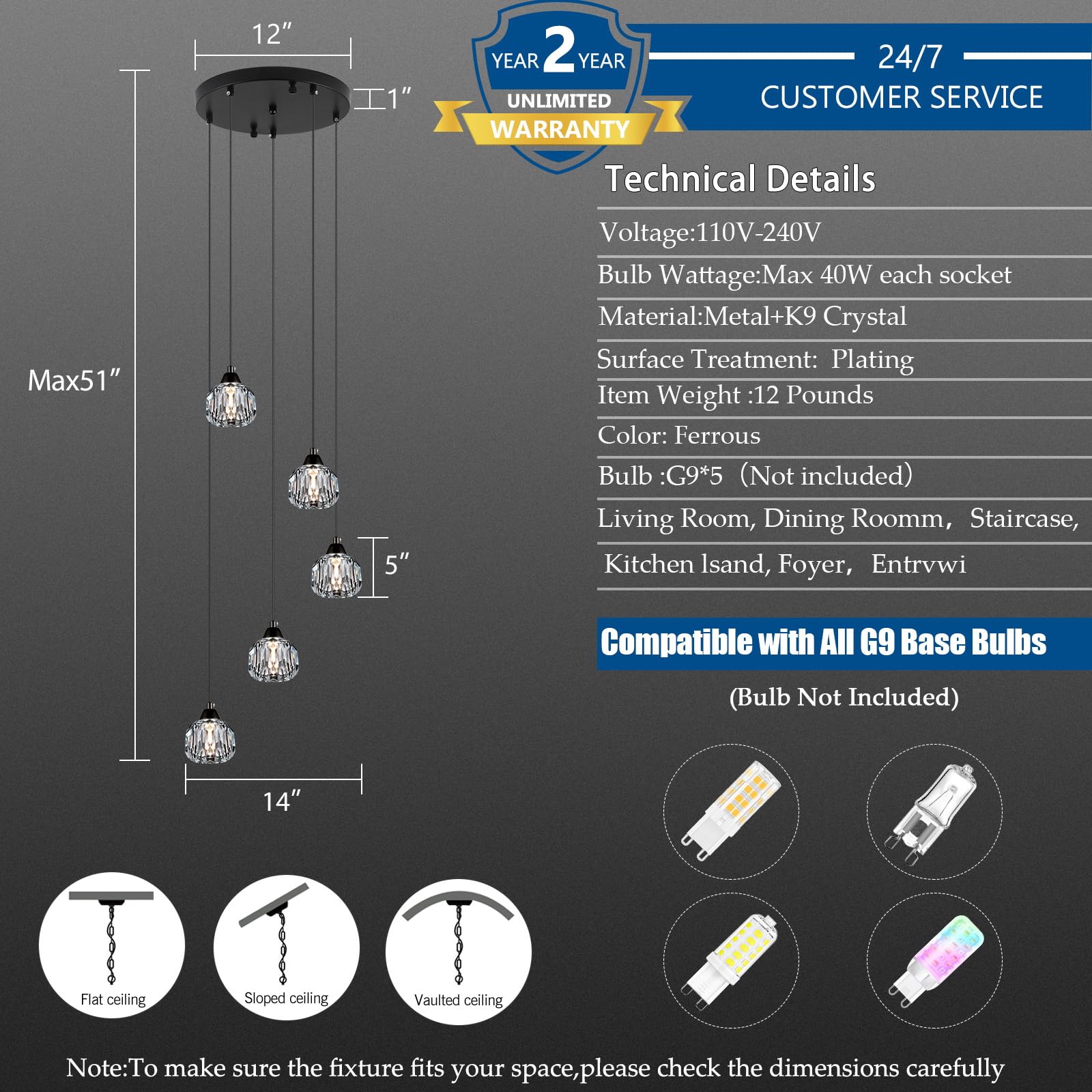 Weesalife 5-Light Black Crystal Chandelier Pendant Light Fixture for Dining Room, Living Room, Kitchen, Foyer, Model A8818