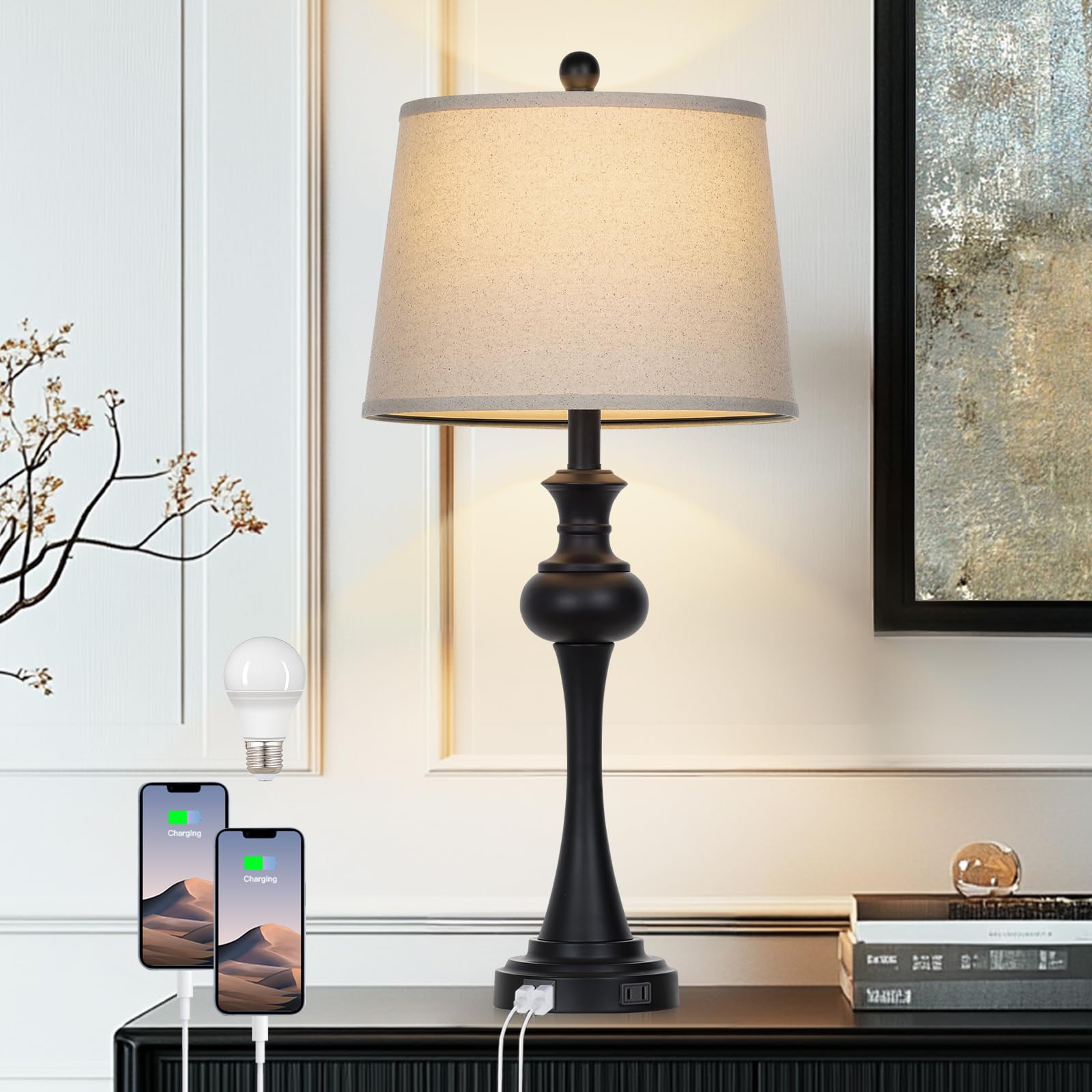 CINSARY Modern Black Metal Table Lamp with USB Ports, 28.75'' Touch Lamp for Living Room & Nightstand, Bulb Included, Model TD-CS-556-1PK