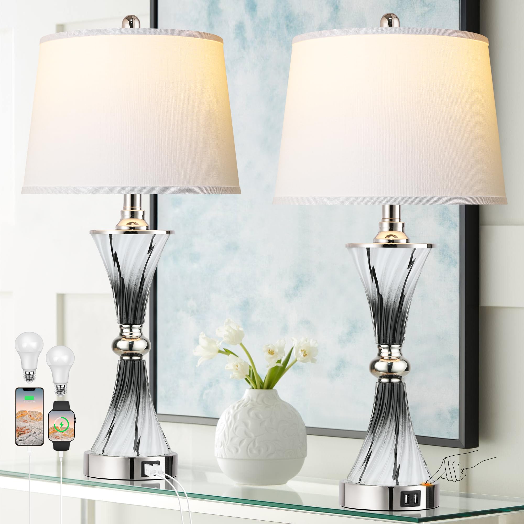 3-Way Dimmable Touch Glass Bedside Table Lamps for Bedroom Set of 2 with 2 USB ports,Dark Grey and White Living Room Lamps for E