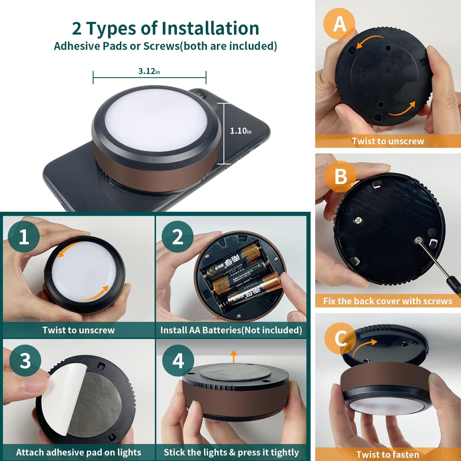 LEASTYLE Puck Lights with Remote, Dimmable Timer, Battery Operated, Black, 1 Pack