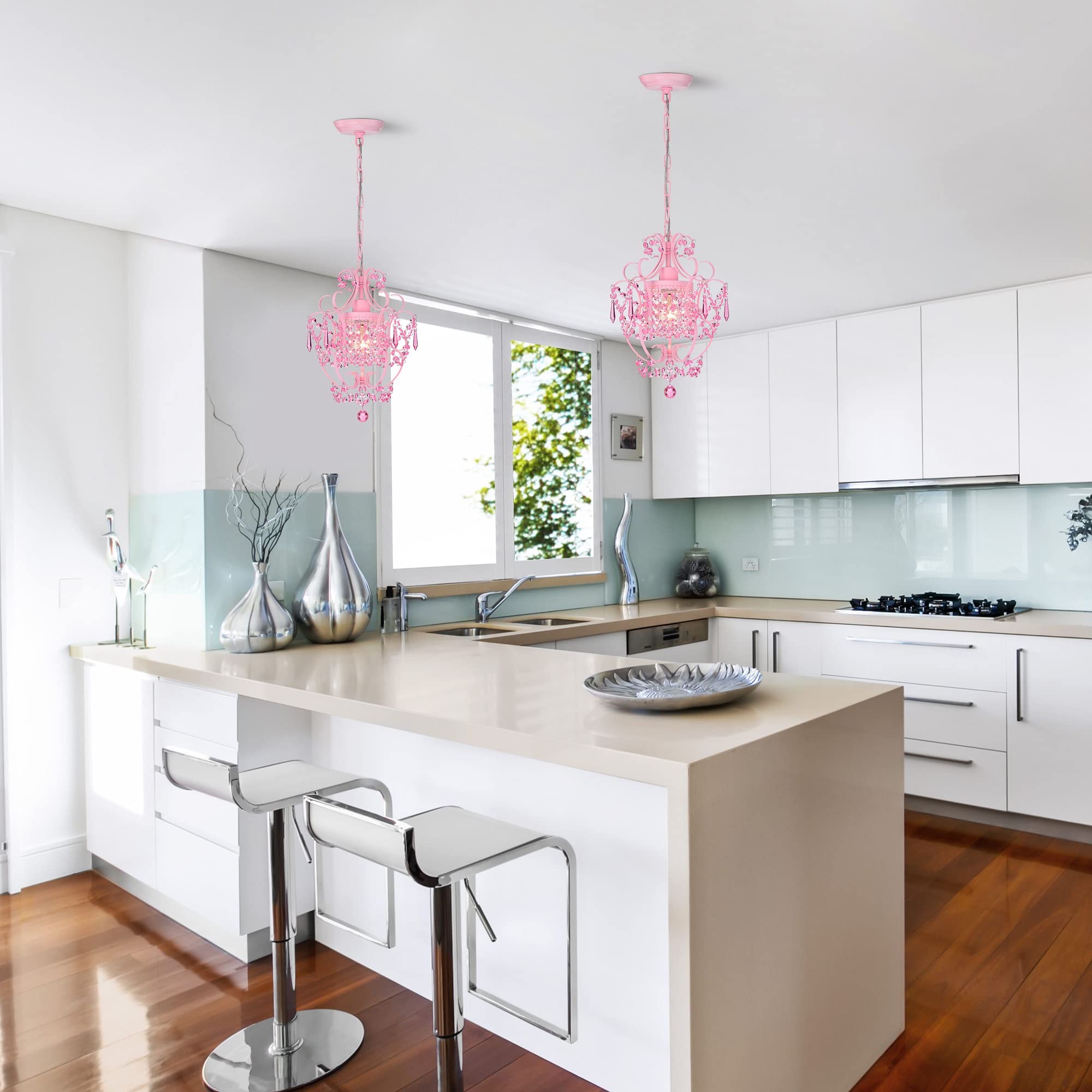 Antique House Pink Chandelier - 1 Light Mini Crystal Ceiling Fixture for Bedroom, Bathroom, Closet, Dining Room