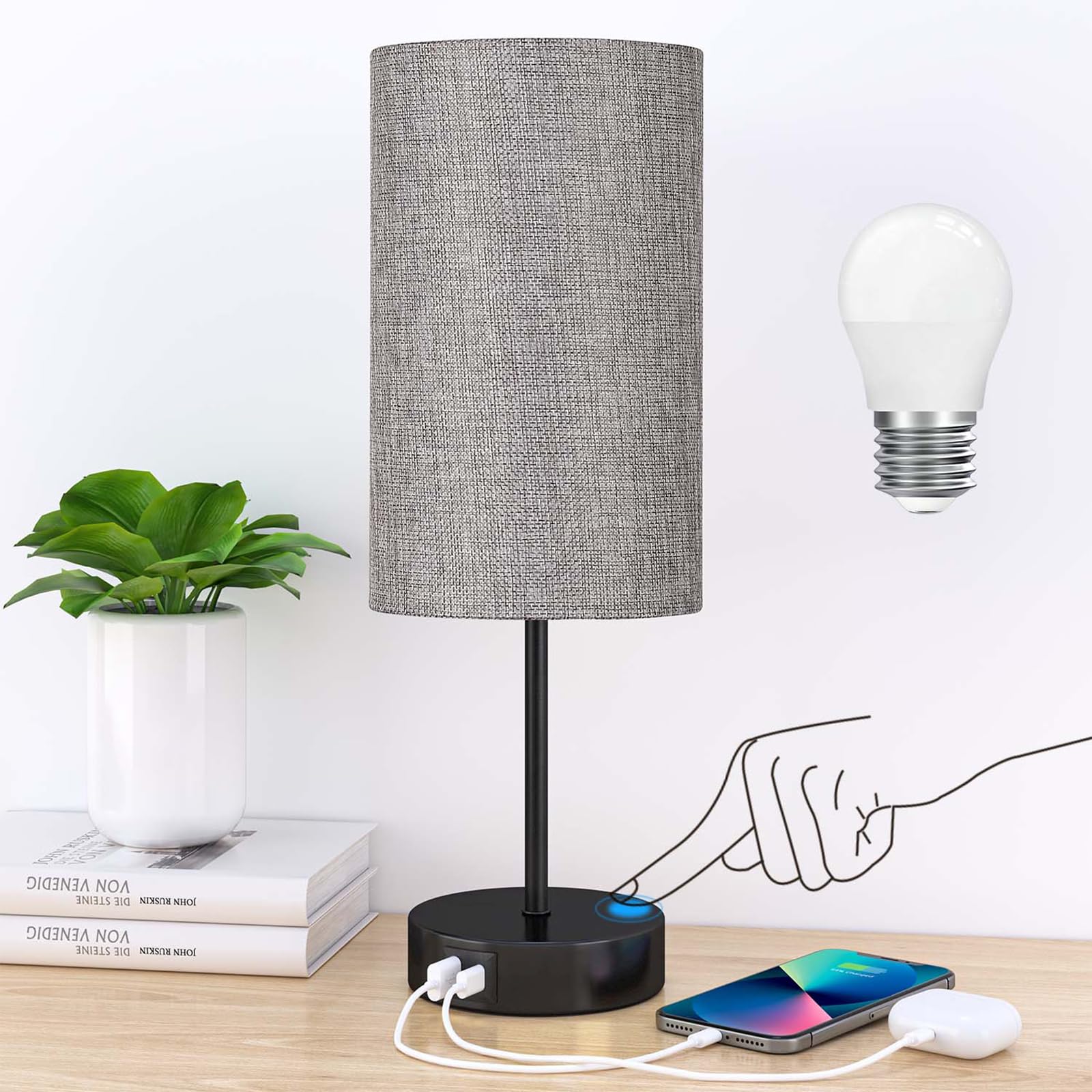 AKASUKI Table Lamp for Bedroom, 3 Way Dimmable Touch Lamp with Dual Charging Station, Small Bedside Lamps for Night Stands, Livi