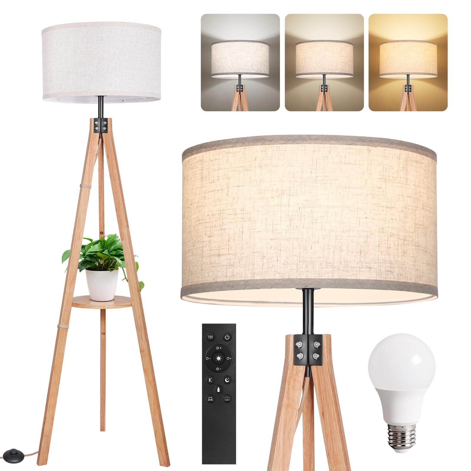 OUTON Dimmable Wood Tripod Floor Lamp with Shelves, Remote Control, 58.5in, Nature Wood, Includes E26 9W Bulb