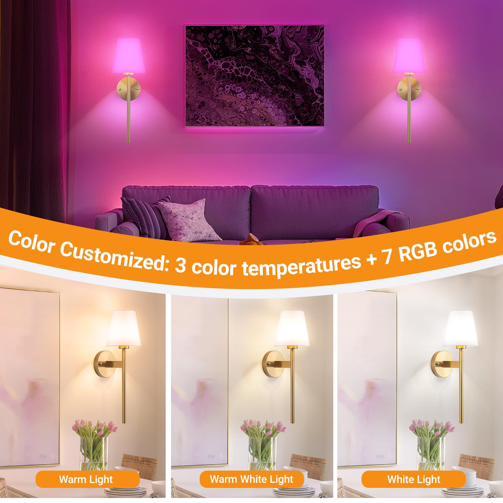 Nekhung Battery Operated Wall Sconces Set of 2, 21-inch Brass Metal, RGB Rechargeable Bulbs with Remote Control, No Electrician Needed