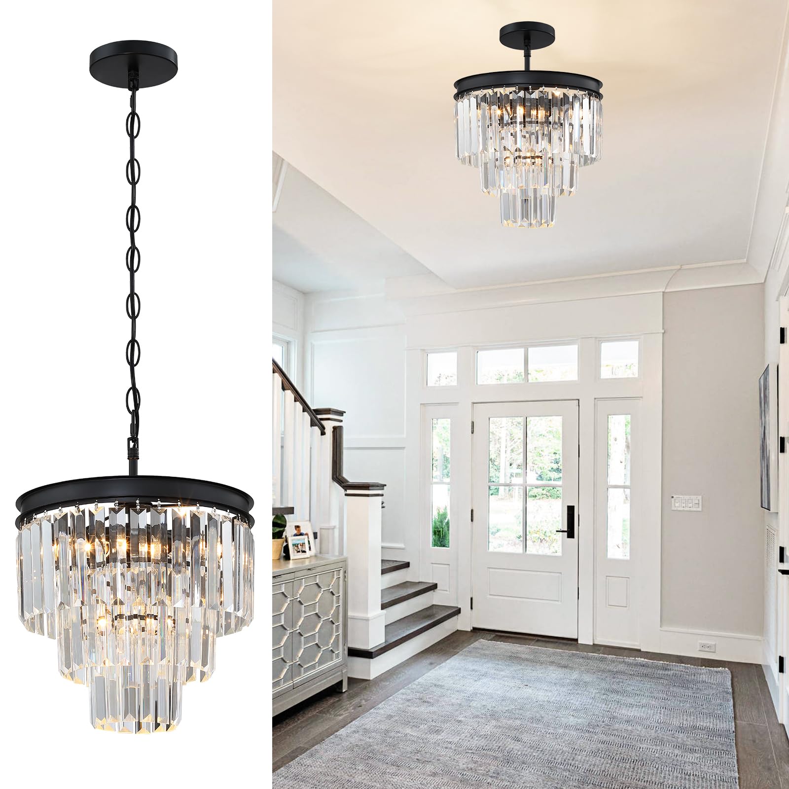 3 Tier Black Crystal Chandeliers, 12 Inch Modern Chandelier Light Fixture, Pendant Lighting Fixtures for Kitchen Island, Vintage