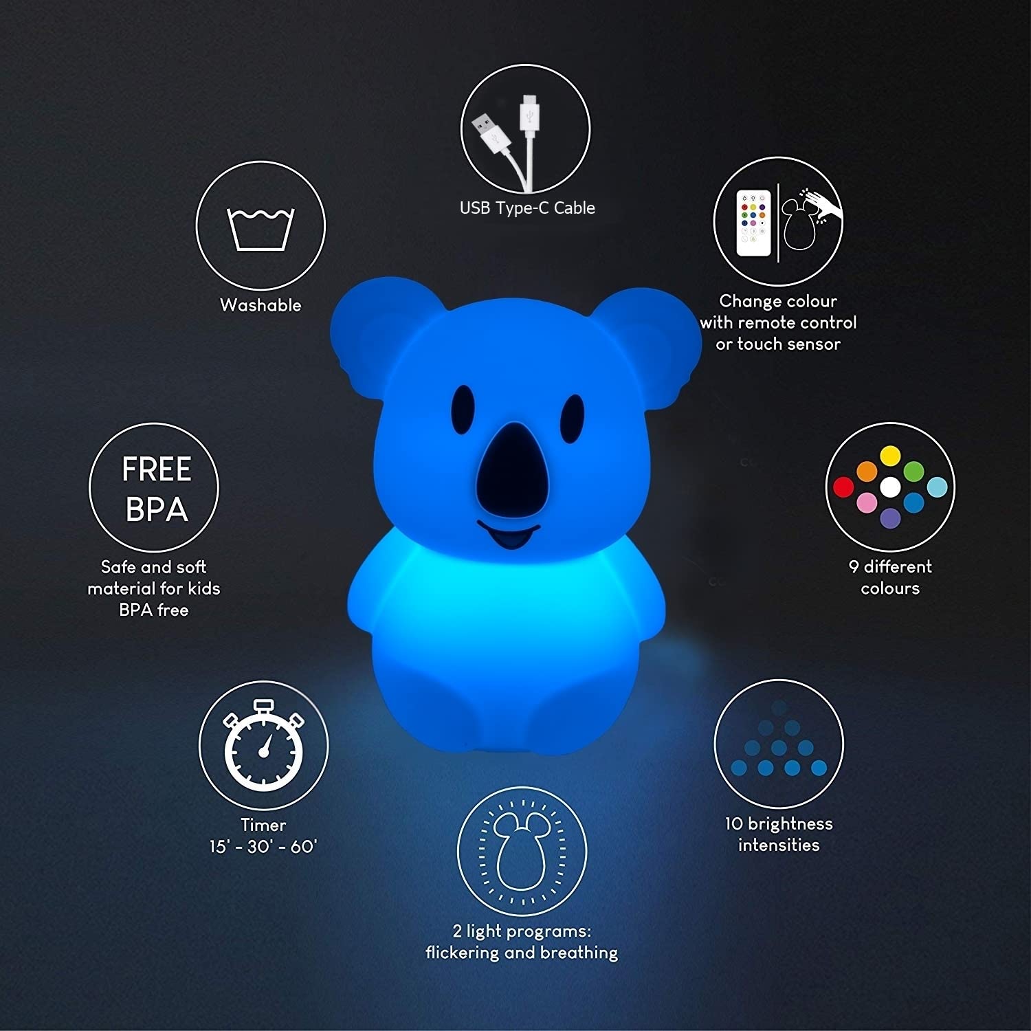 Glinrui Koala Night Light For Kids Silicone Bedside Bedroom Lighting, Baby Nursery Light Sleeping Nightlights, Color Changing Lamps - Eye Caring, Adjustable Brightness & Color, Time Setting - Medium