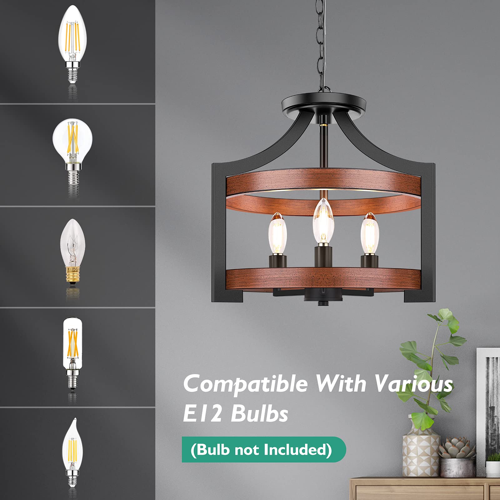 3-Light Rustic Farmhouse Pendant Hanging Light Adjustable Height Max 68In, Convertible Vintage Semi Flush Mount Ceiling Light Fi