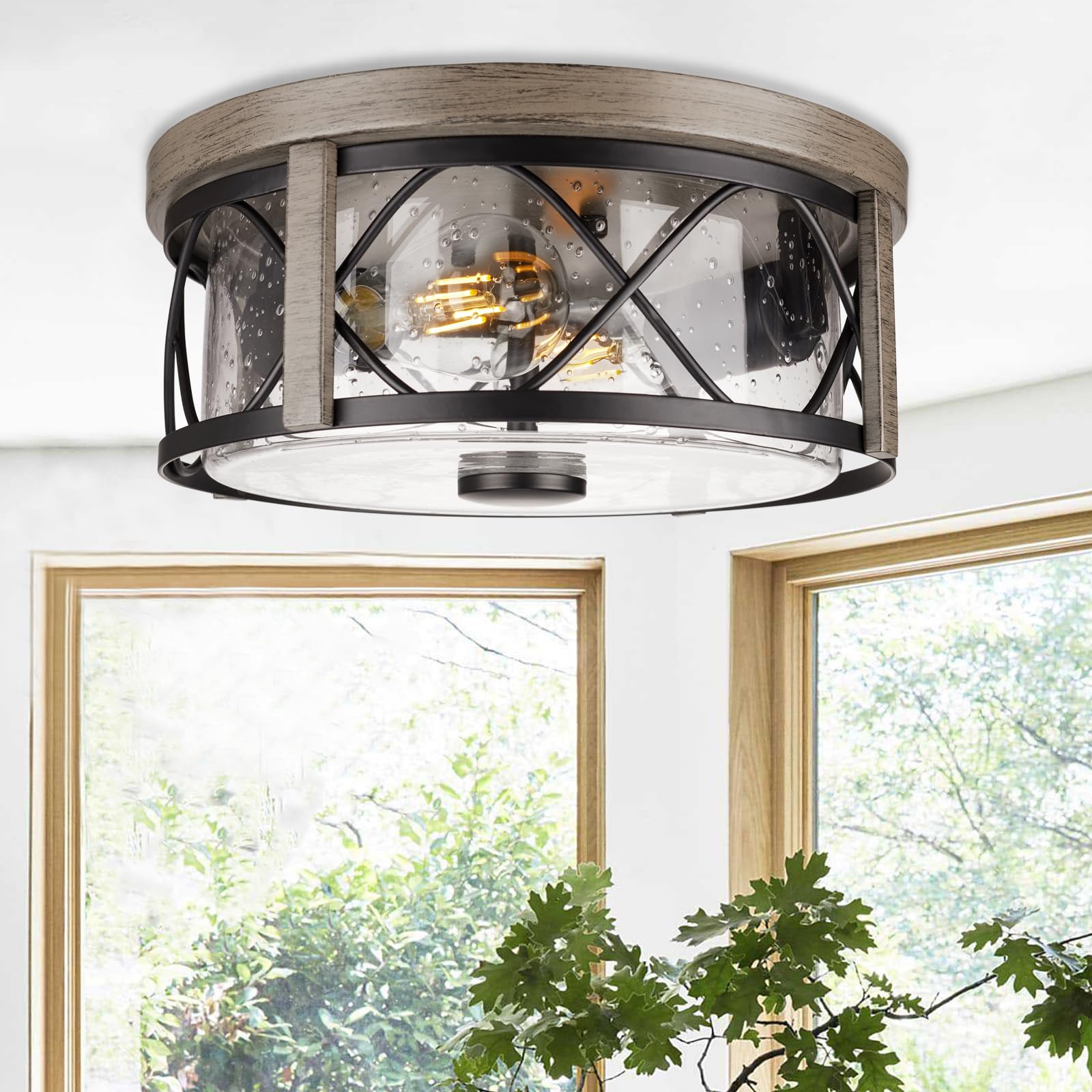 Rosient 16&quot; Bronze Flush Mount Ceiling Light, 3-Light Seeded Glass Fixture For Indoor/Outdoor Use