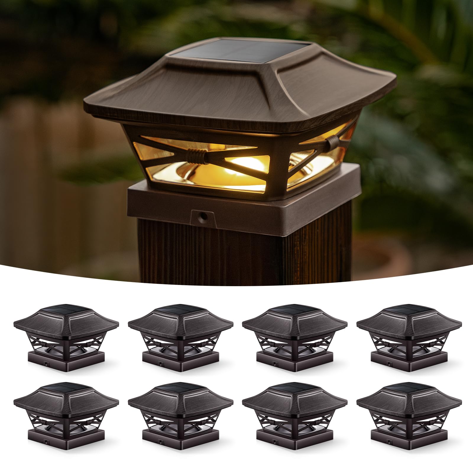 OPOIRA Wood Grain Solar Post Cap Lights  Dual-Core LED Fence Lights with Craftsman Design  8 Pack Waterproof Outdoor Caps for 4x4 Wooden/Vinyl Post (Brown)