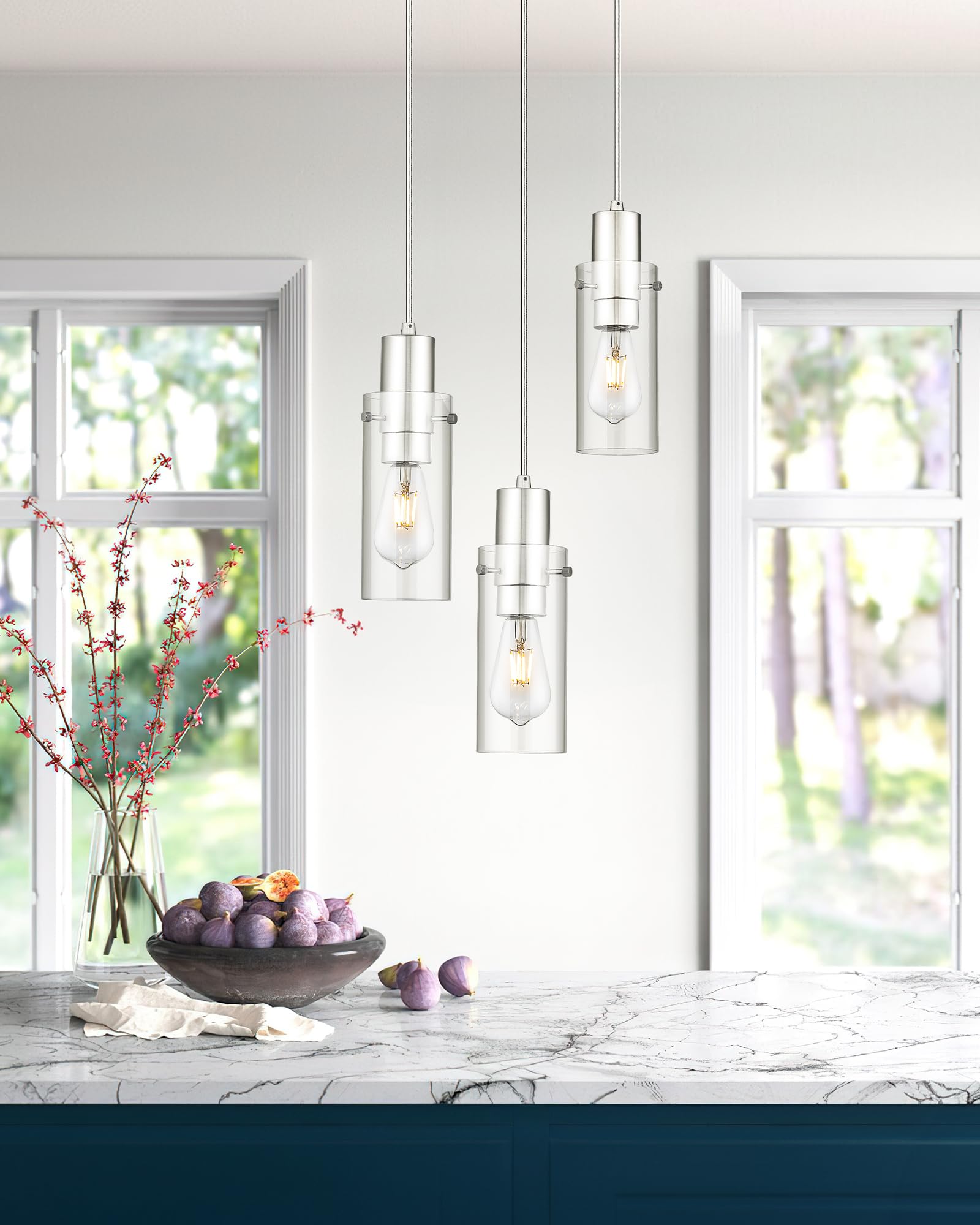 Emak Modern Brushed Nickel Pendant Light, Cluster Pendant Lights Kitchen Island With Clear Glass Shade, 3-Light Hanging Lights F