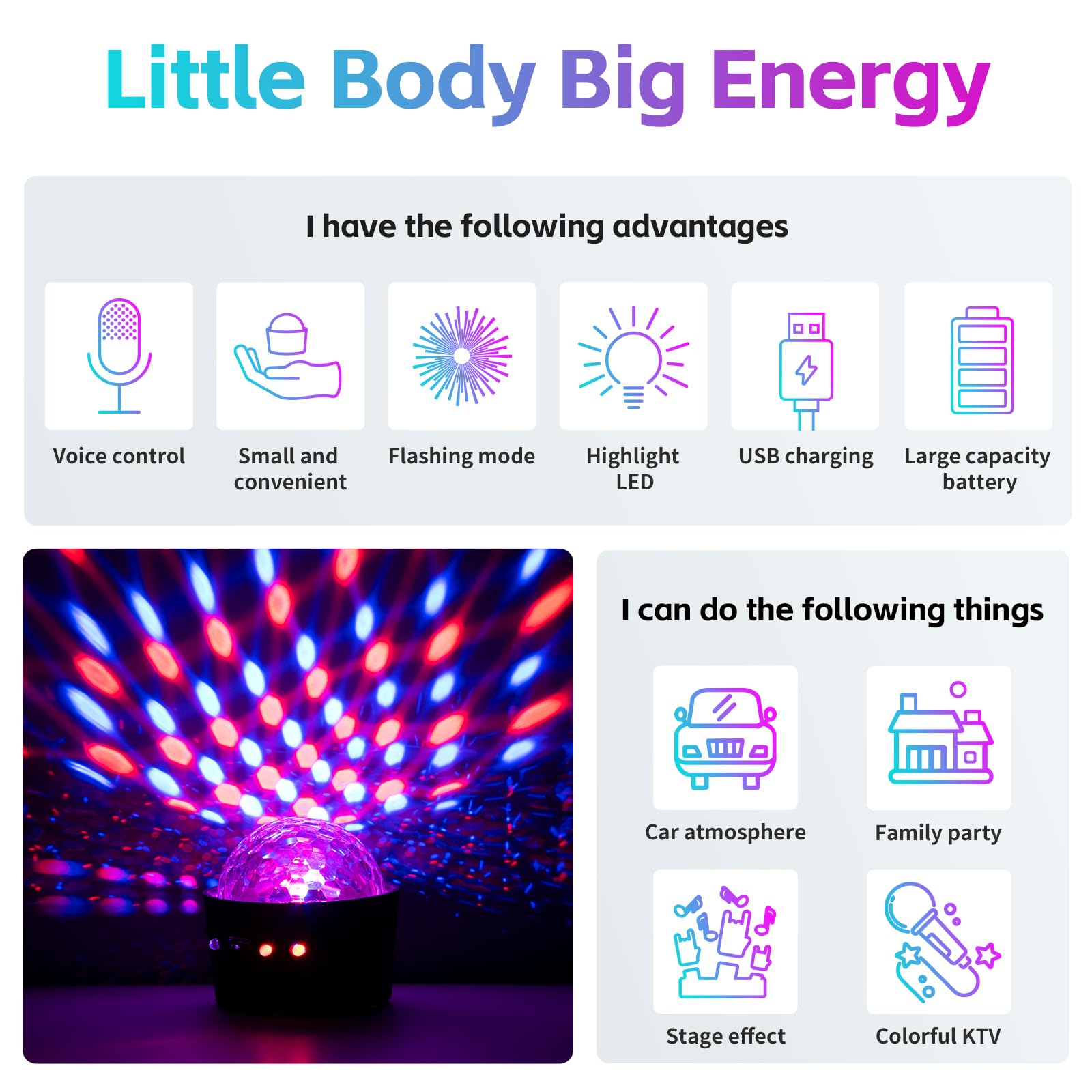 Disco Ball For Car Disco Lights With Sound Activated Multicolor Lights Mini Disco Ball Dj Disco Lights For Car Room Music Lights (Music Synchronization)