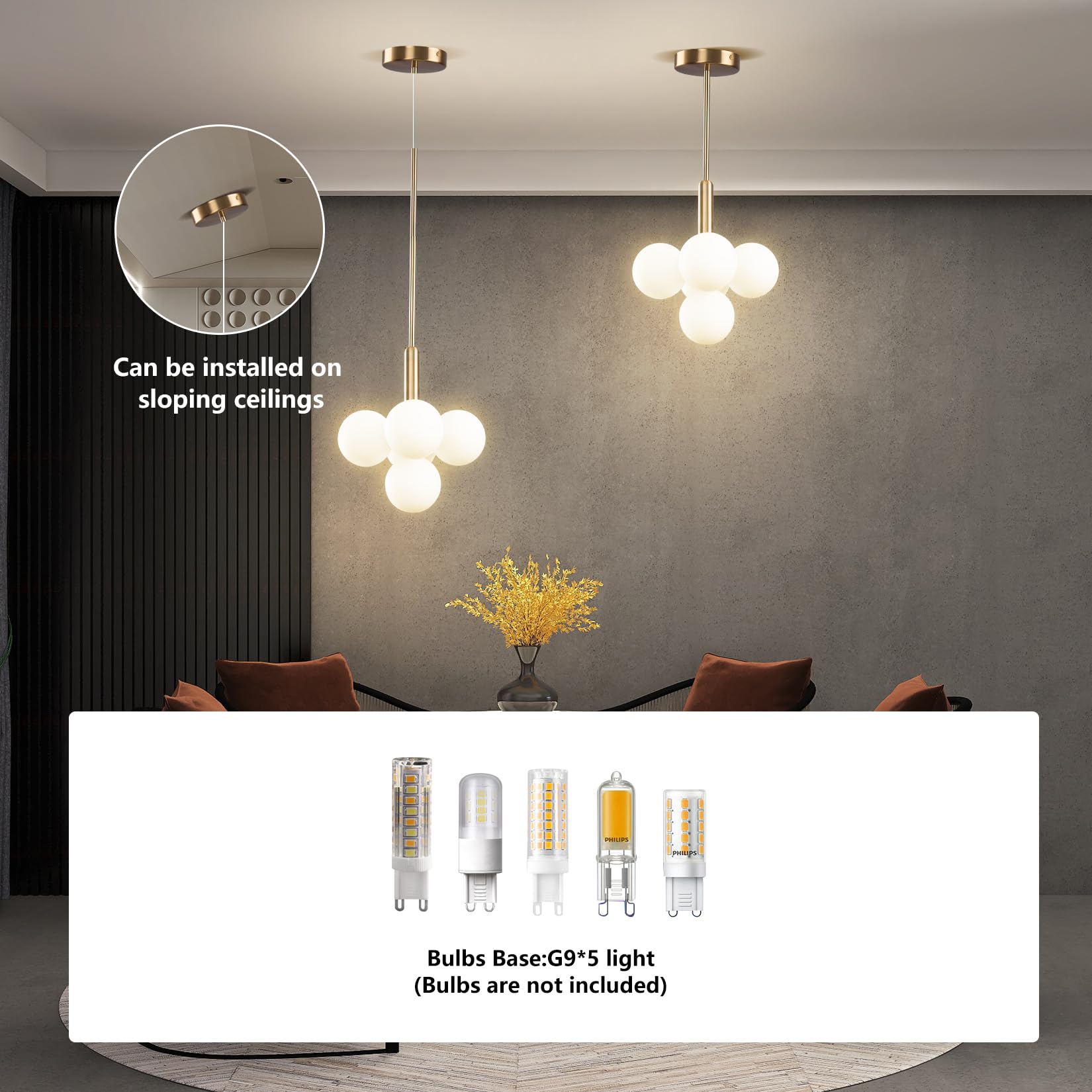 Modern Gold Chandelier - 5 Lights Globe Glass Sputnik Ceiling Lights Fixture Mid-Century Bubble Pendant Light For Dining Room Br
