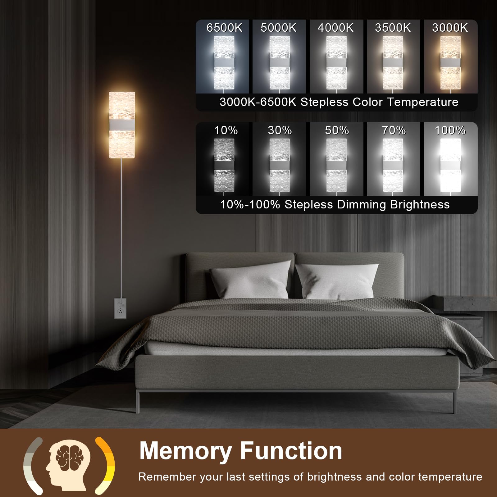 GOODATE Plug in Wall Sconces, Adjustable 3000K-6500K, 10%-100% Brightness, 12W LED, Set of 2, Acrylic, Silver,