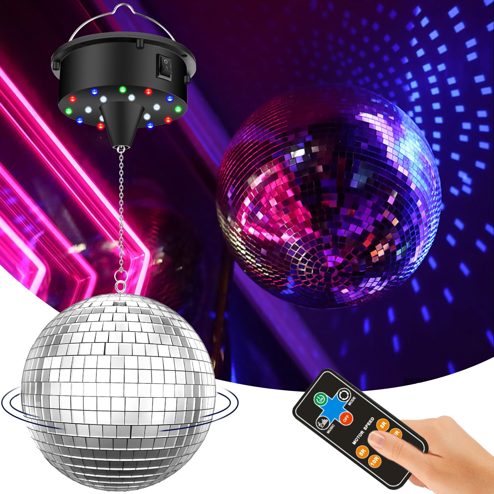 Disco Ball with Motor and Light, 5/8/10/15 RPM Variable Rotating Speed Disco Motor with 6 Inch Mirror Ball, 4 Colors Light with 