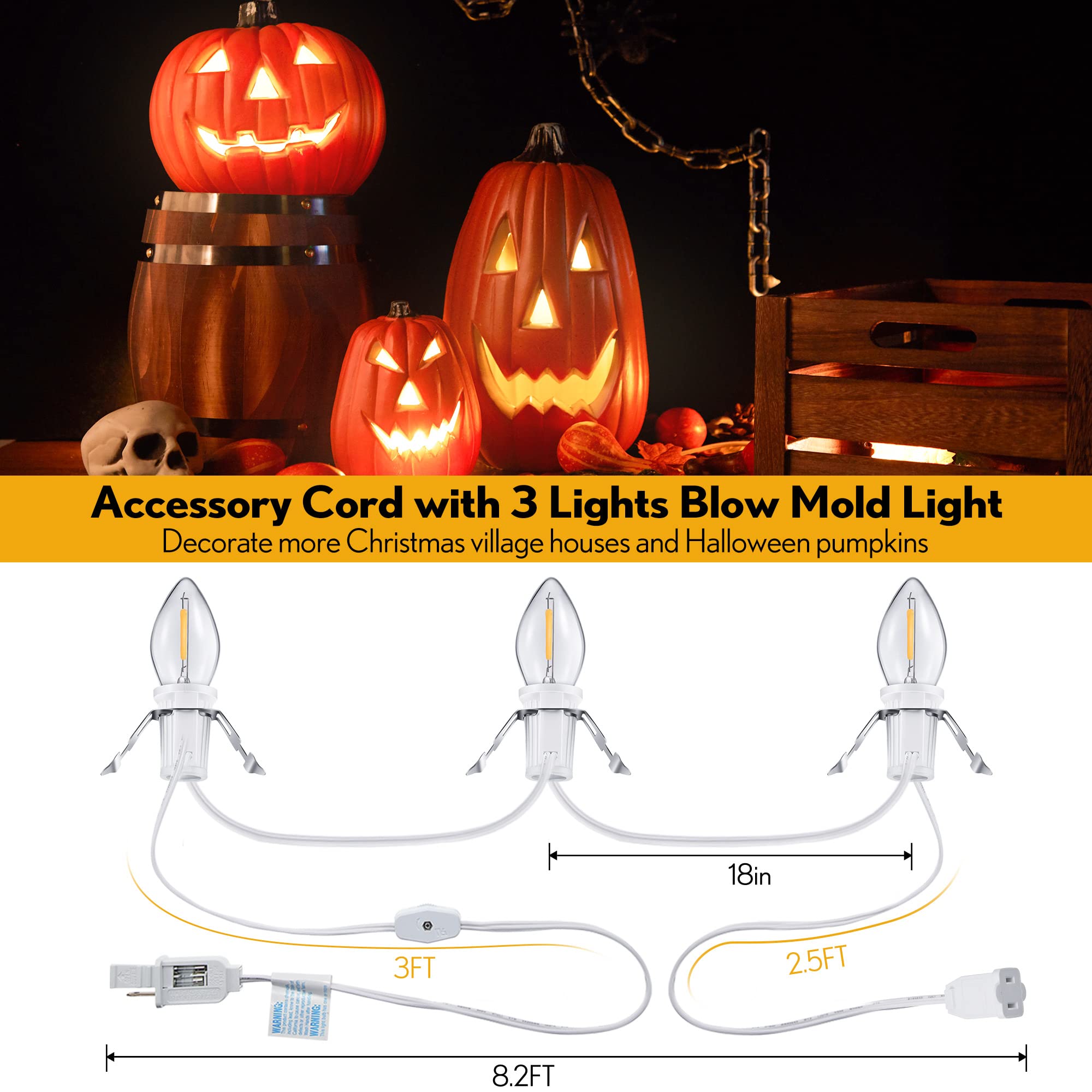 Meonum 8.2 Ft Led Light Cord With 3 Warm White Bulbs For Halloween & Christmas Decor