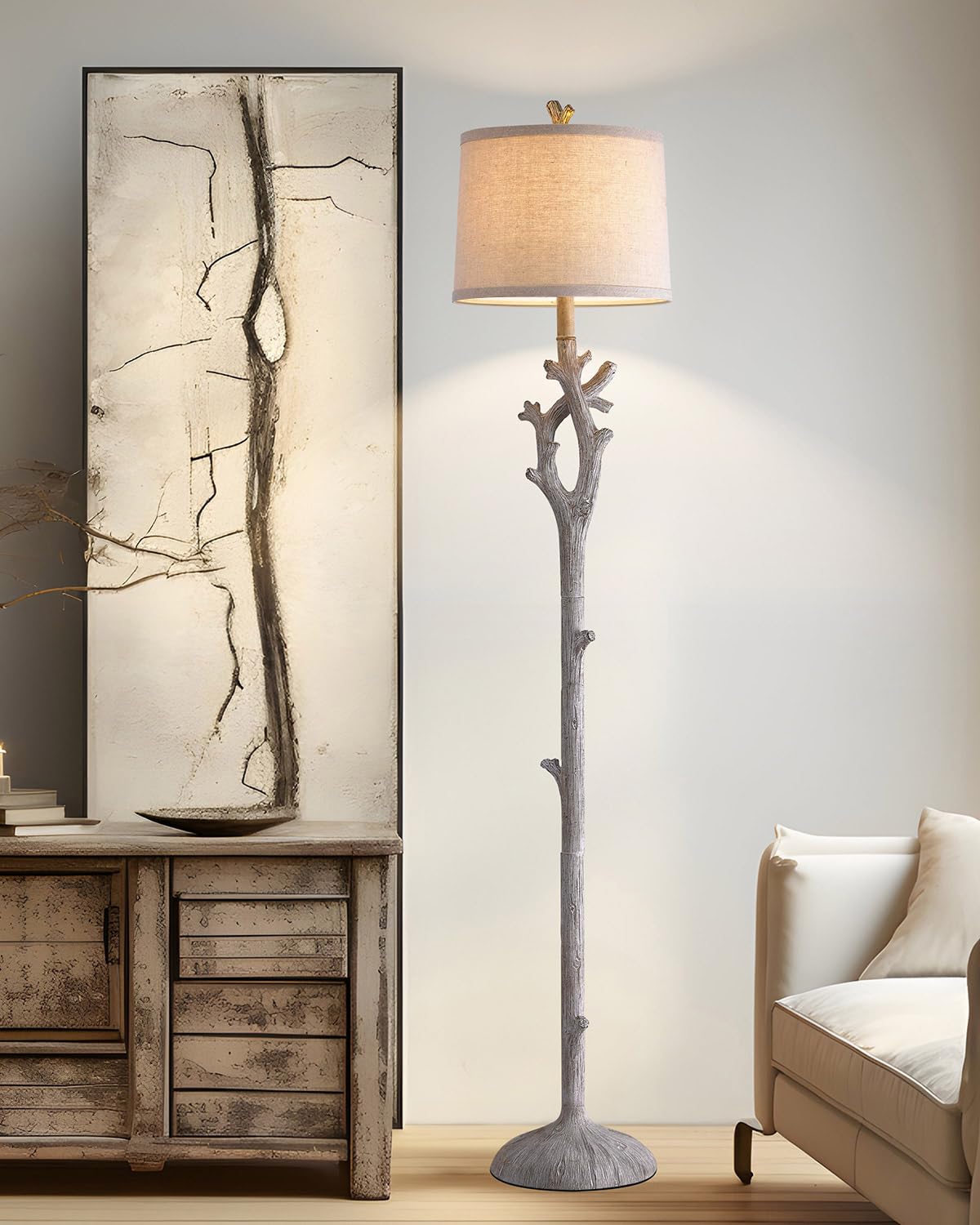 OYEARS Retro Farmhouse Floor Lamp - Rustic Tree Trunk Design, 59.75" Tall, Washed White Resin, Model AMZ-F1158RS