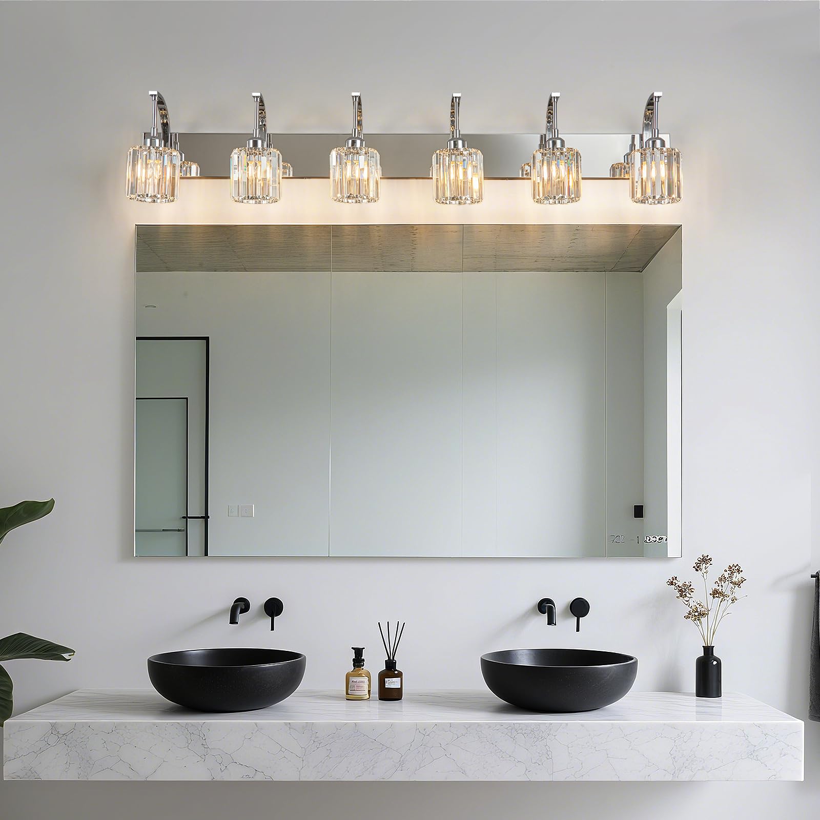 Fdpby 6-Light Crystal Vanity Light  Chrome Modern Wall Sconce With K9 Crystal Shades  51.18 Long Over Mirror Lighting For Bathroom  Makeup  Hallway  Elegant & Easy Install
