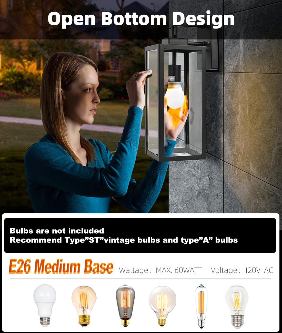 Faymart Large Outdoor Wall Lantern, 18&quot; Metal & Glass Light Fixture, E26 Socket, 1 Pack