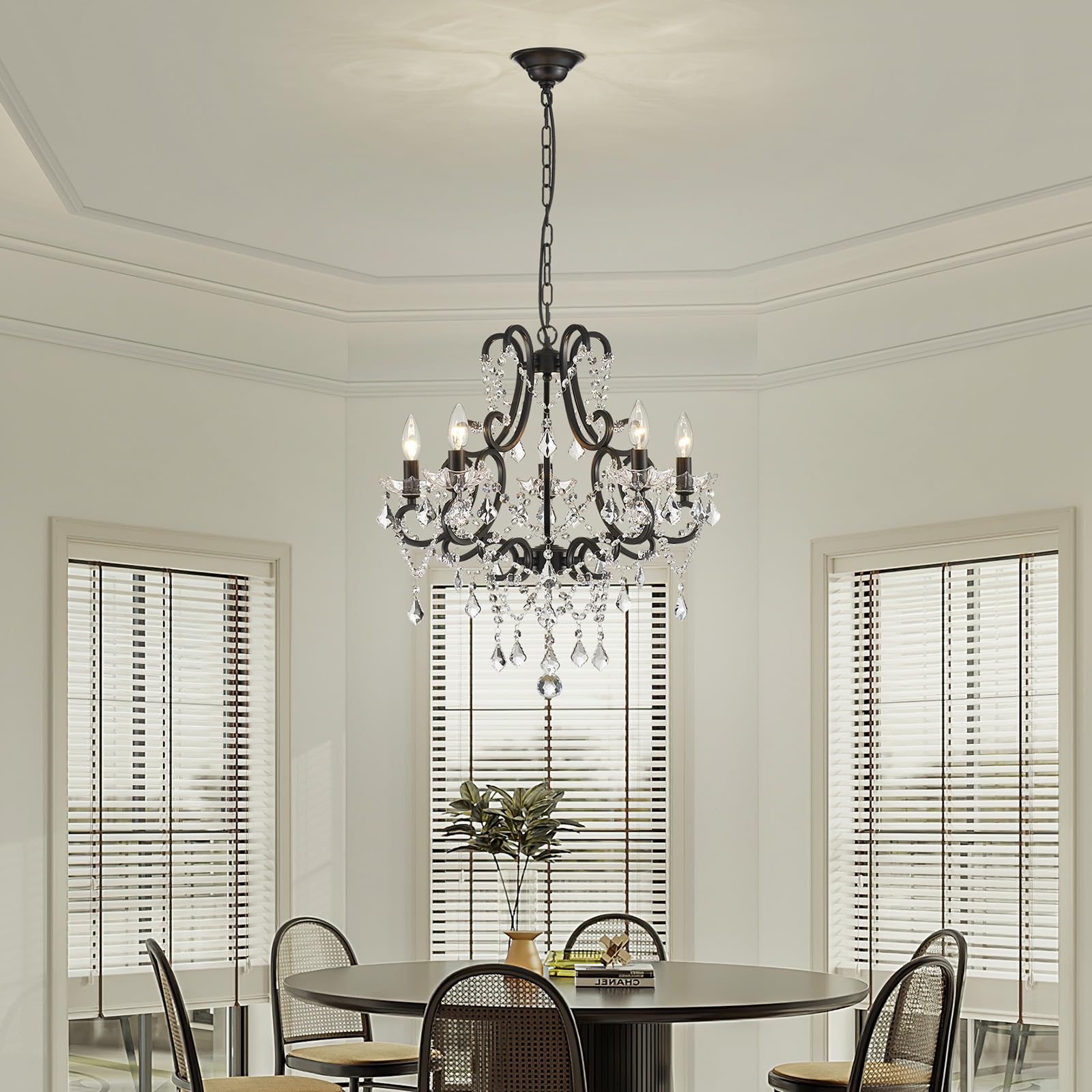 ANJIADENGSHI 5-Light Black Crystal Chandelier, 27" High, Modern Pendant Light Fixture for Dining Room, Living Room, Kitchen