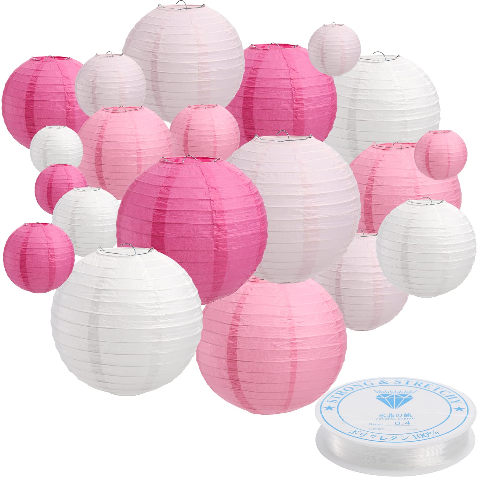 Tosnail Set of 20 Pieces Pink and White Paper Lanterns with 43 Yards Crystal Strings, Chinese Lanterns, Pink Party Decoration, V