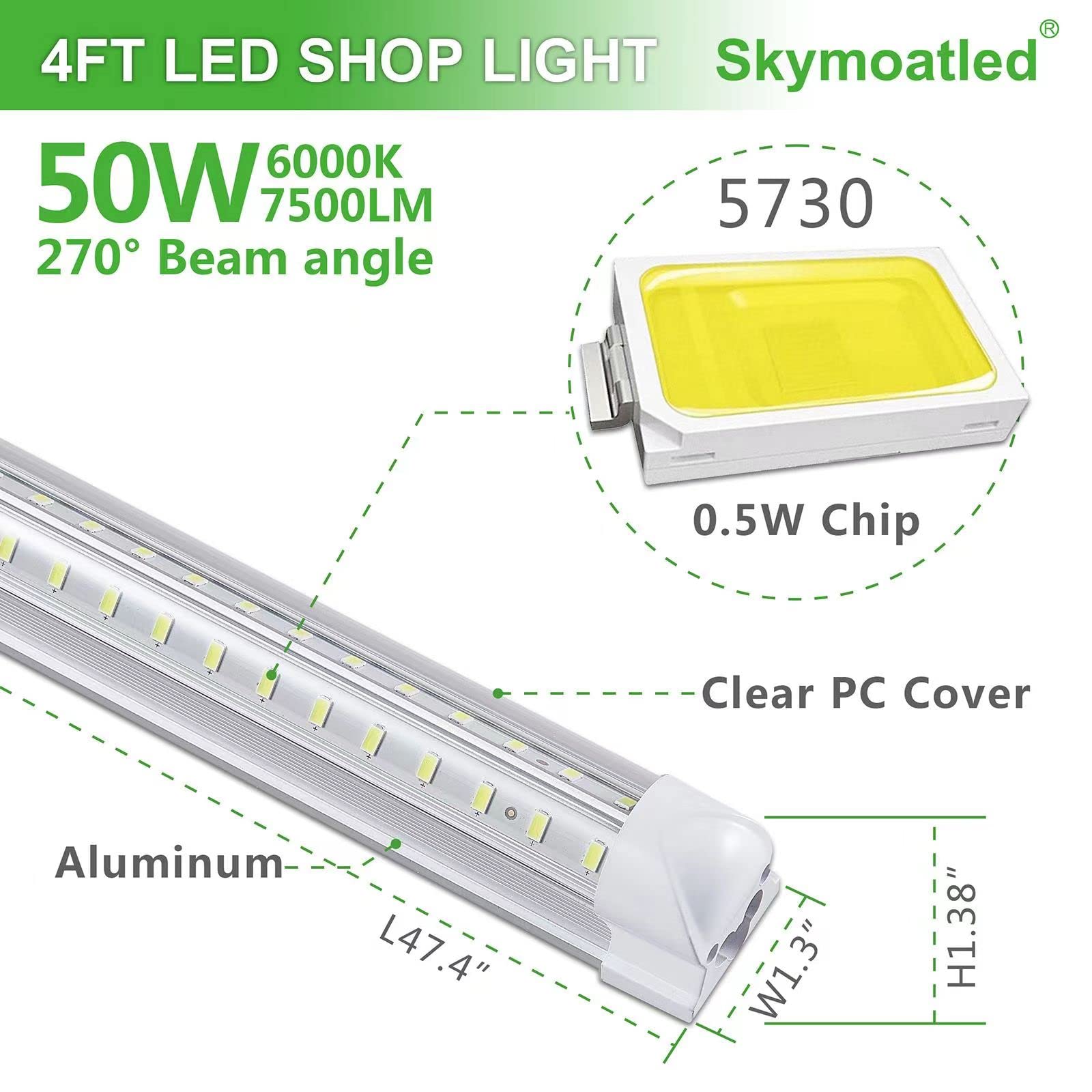 Skymoatled 8Pack 4Ft Led Shop Light Garage Lights,50W 6000K 7500Lm White Light,Hanging/Surface Mount,T8 4Ft Tube Lamp For Wareho