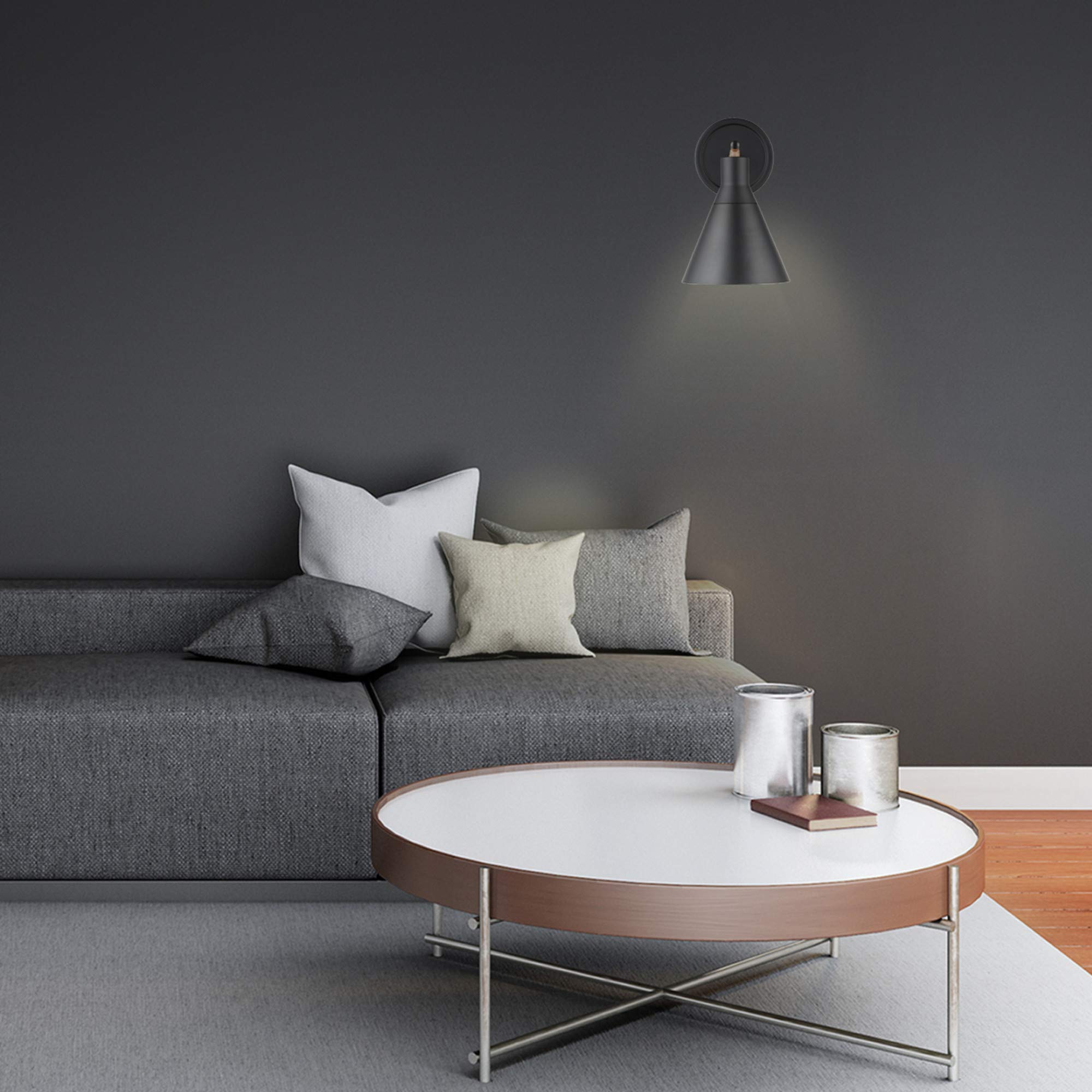 Globe Electric 51725 1-Light Dimmable Plug-In Or Hardwire Wall Sconce, Matte Black, Faux Walnut Accent, Stepless Dimming Rotary