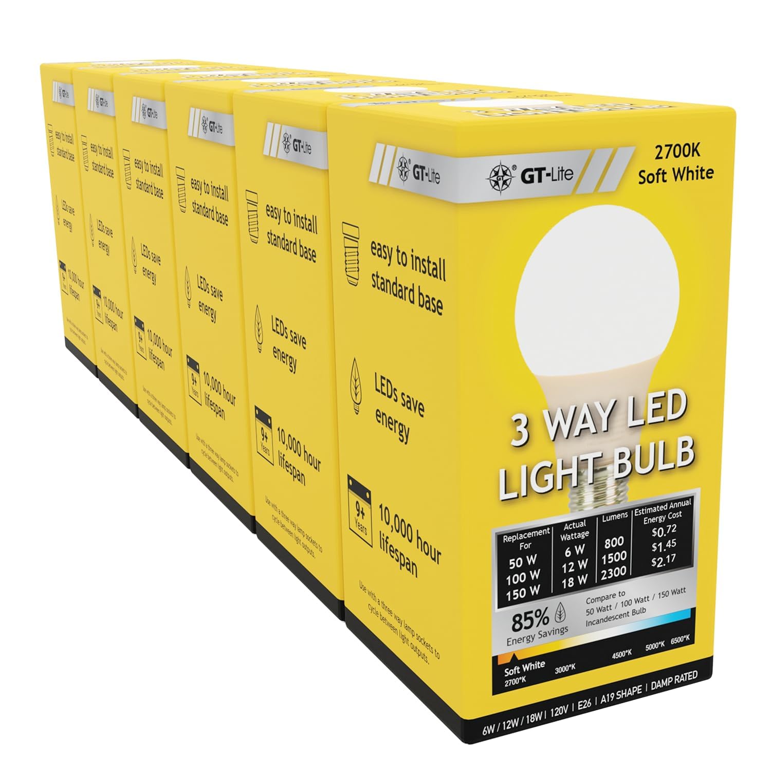 Gt-Lite 150W Equivalent 3 Way Led Light Bulbs 6 Pack, 2700K Soft White, A19, E26 Medium Base, 3 Brightness Levels, Adjustable Wi