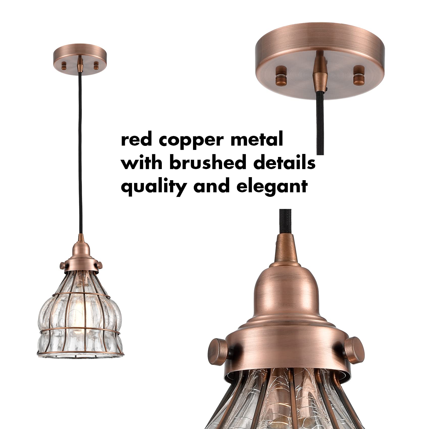 YUBOLE Vintage Cracked Glass Wire Cage Pendant Light, Antique Copper, Model TB1720DU, Dome Size