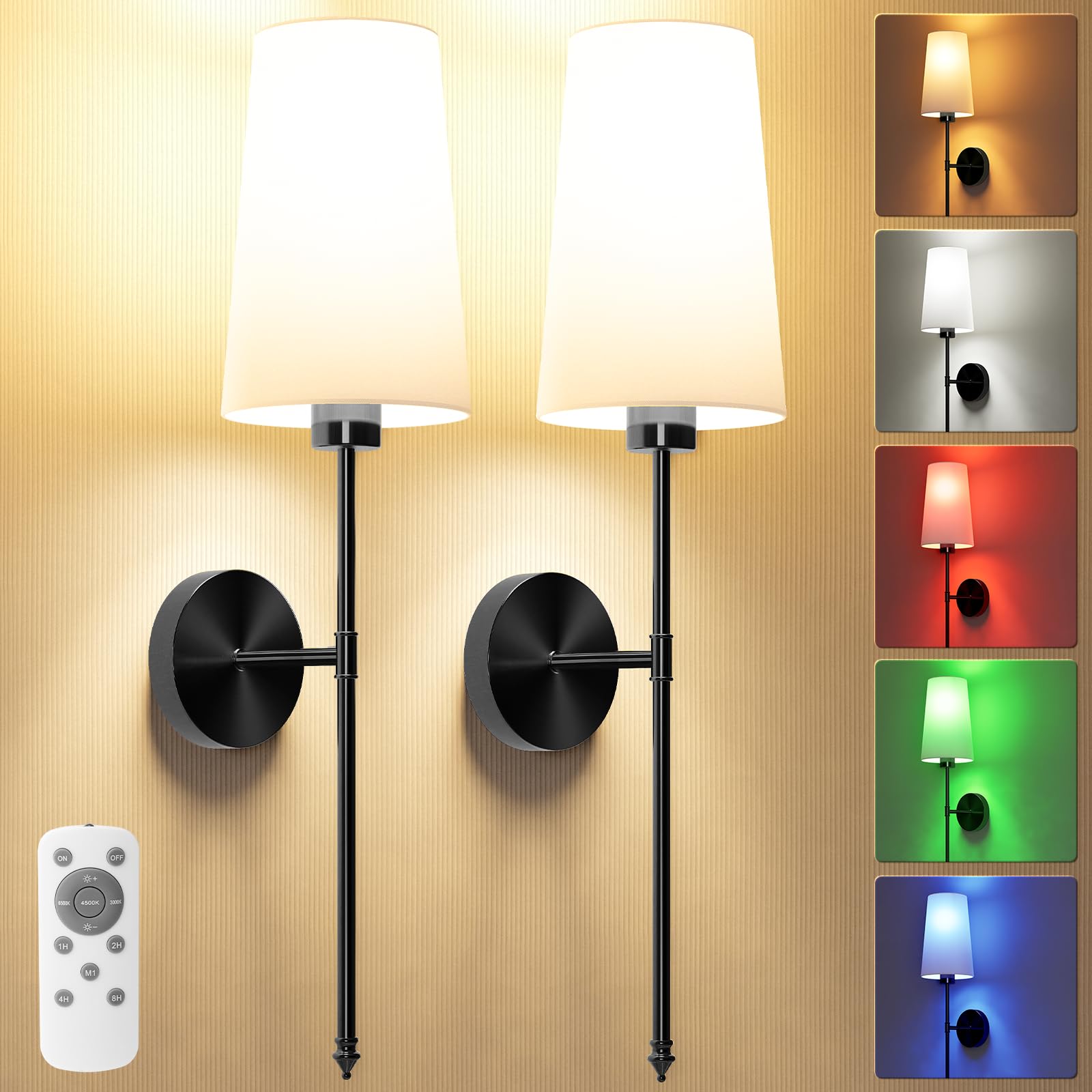 JOFIOS Battery Operated Wall Sconce Set of 2, Black, 27 inch, Metal, Model JFS61298, Dimmable with Remote and Rechargeable Bulbs