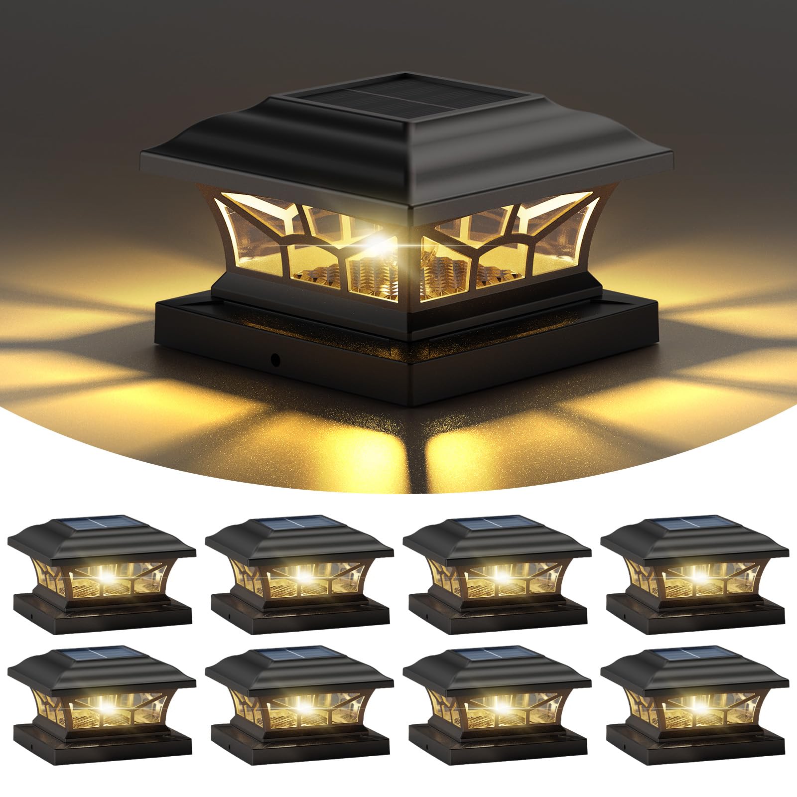 DAMAYCA 8 Pack Solar Post Cap Lights Outdoor Waterproof  Fits 4x4  5x5  6x6 Wooden & Vinyl Fence Decks  Edison LED Bulb with Warm & Cool White Light Modes (Classic Black  8)