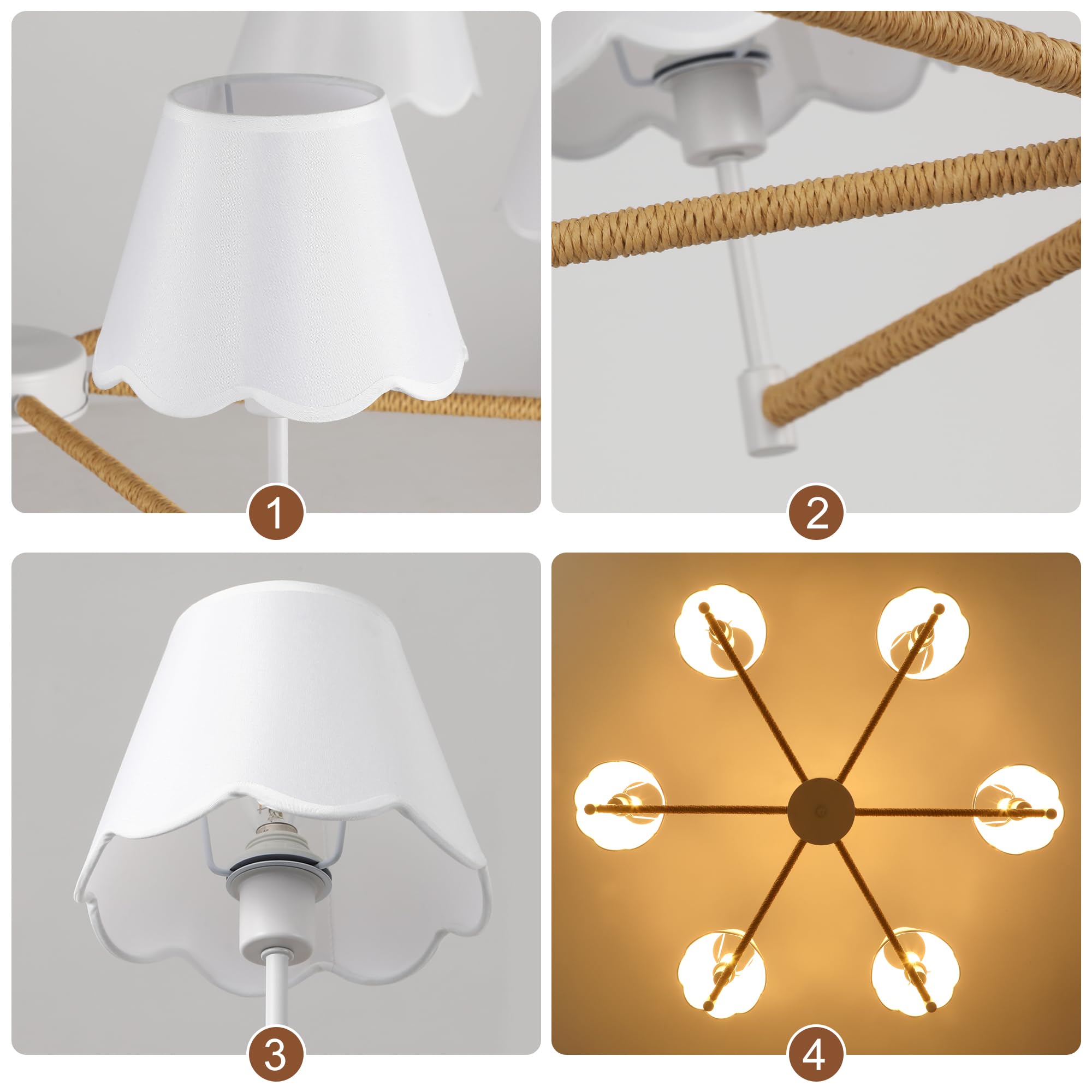 Farmhouse Rattan Chandelier With White Fabric Shade  6-Light Boho Chandeliers For Dining Room  Adjustable Rustic Pendant Light 37.5 Modern White Hanging Lighting For Kitchen Island  Living Room