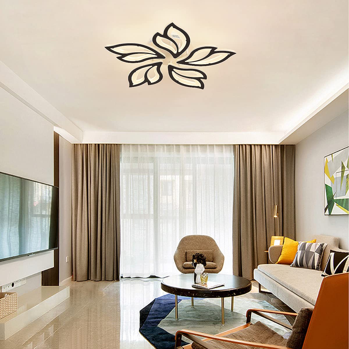 Garwarm Led Ceiling Light Fixture, 60W Modern Leaves Ceiling Lamp Dimmable Black Flush Mount Ceiling Chandelier For Living Room