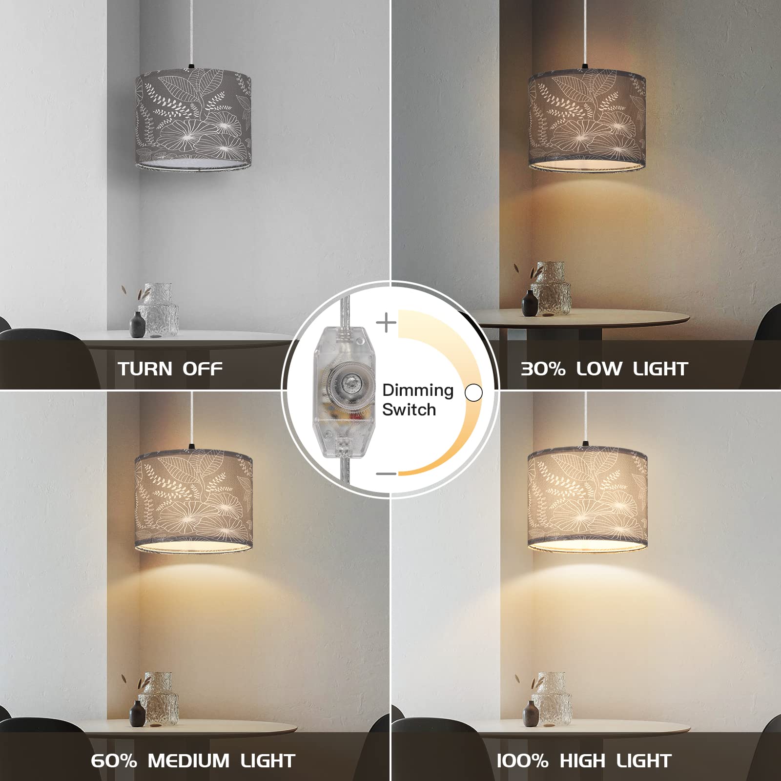 Cinsary Plug In Pendant Light, Hanging Light With Plug In Cord With Dimmable Switch, Hanging Lamp With 15 Ft Clear Cord, Grey Pe