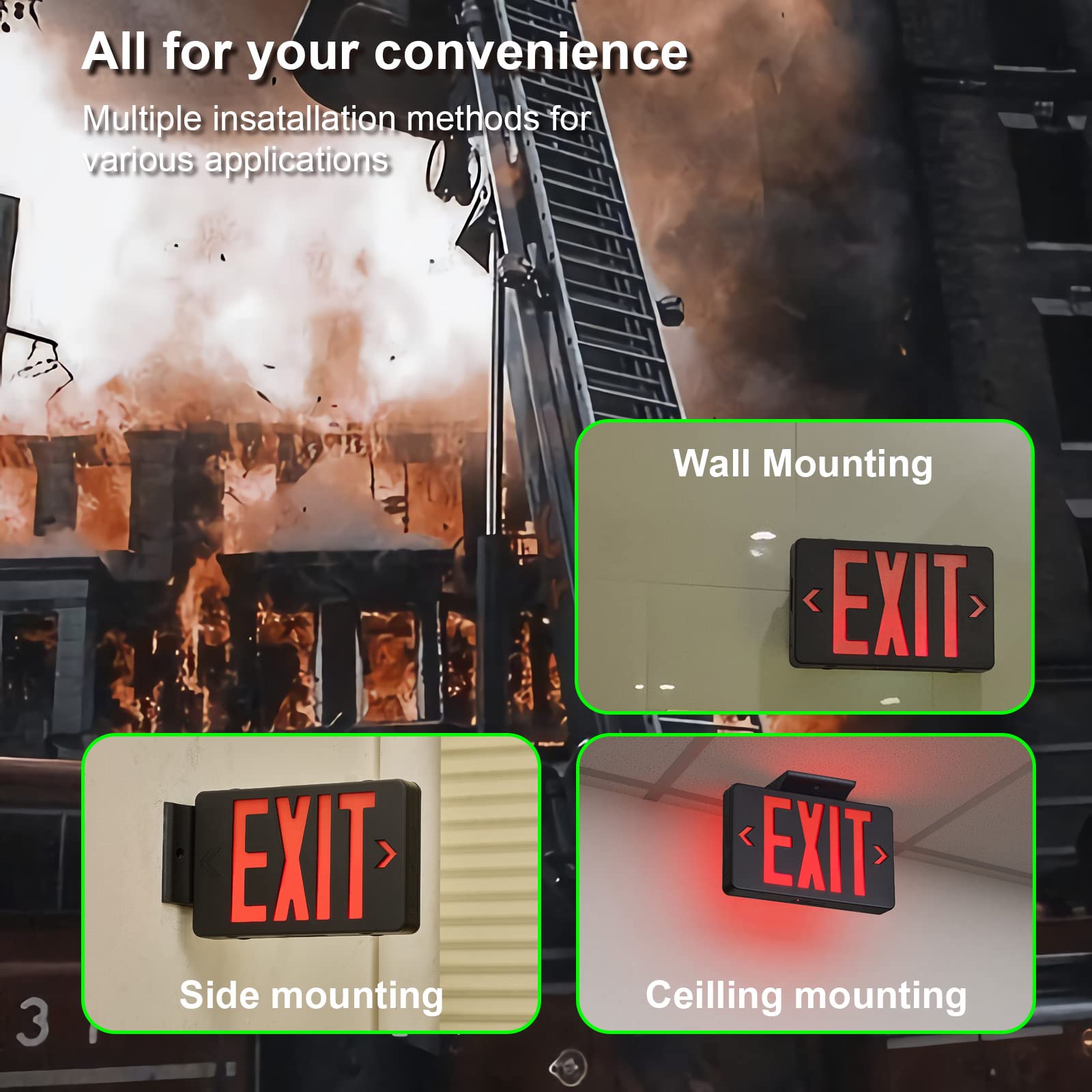 Gzruiyang Red Exit Sign With Black Housing, Led Emergency Light With Battery Backup, Ul Listed, Ac 120/277V, Commercial Lights F