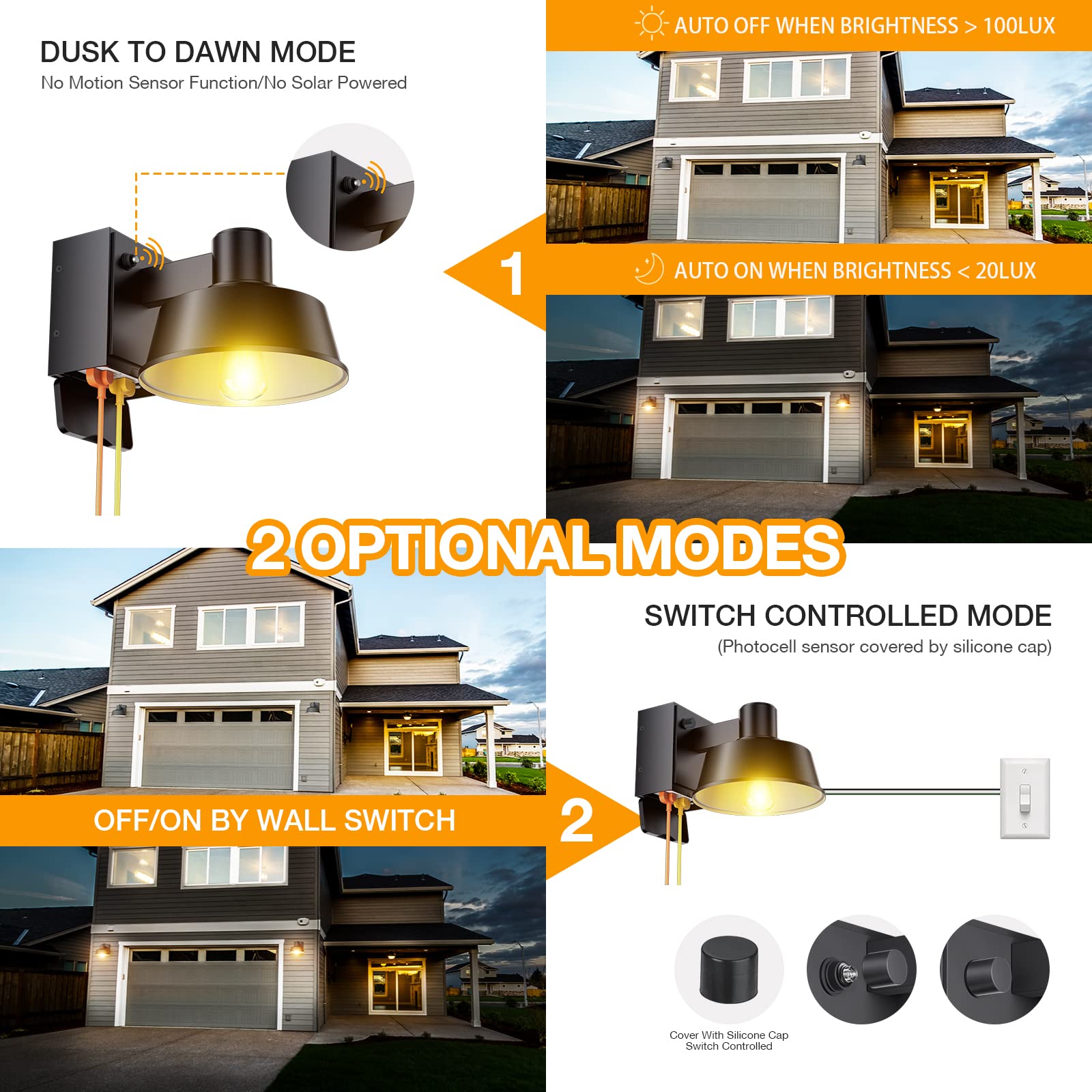 Ehaho Porch Lights with Outlet, Dusk to Dawn, Waterproof Aluminum Wall Sconce, 2 PCS, Black, Model EH-BD01-LS-2