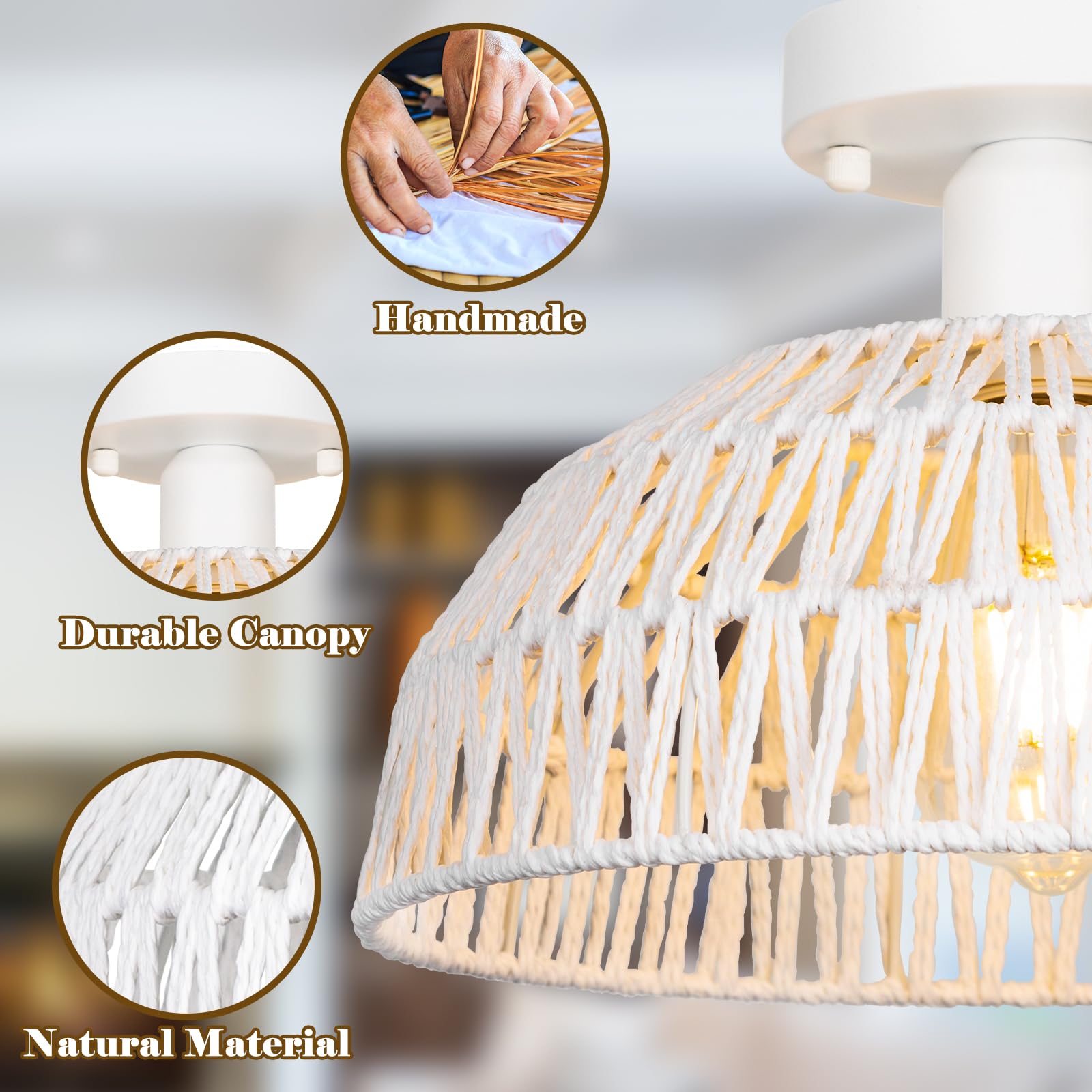 Rattan Ceiling Light Fixtures 2 Packs-White Rustic Woven Basket Flush Mount Ceiling Light, Handmade Wicker Ceiling Lamp, Rattan