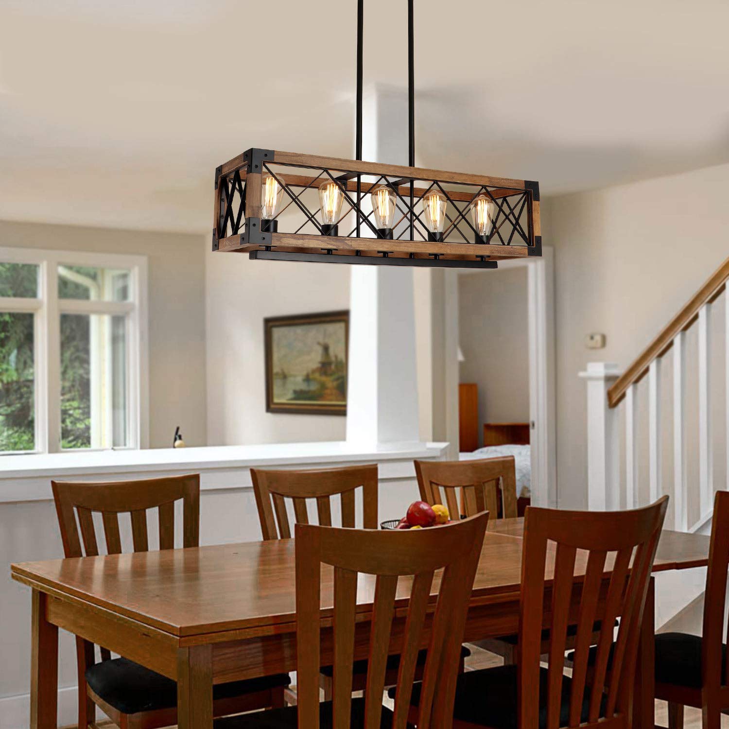 Giluta 5-Light Rectangle Wood Chandelier, Metal Farmhouse Pendant Lighting, Model C0080, UL Listed