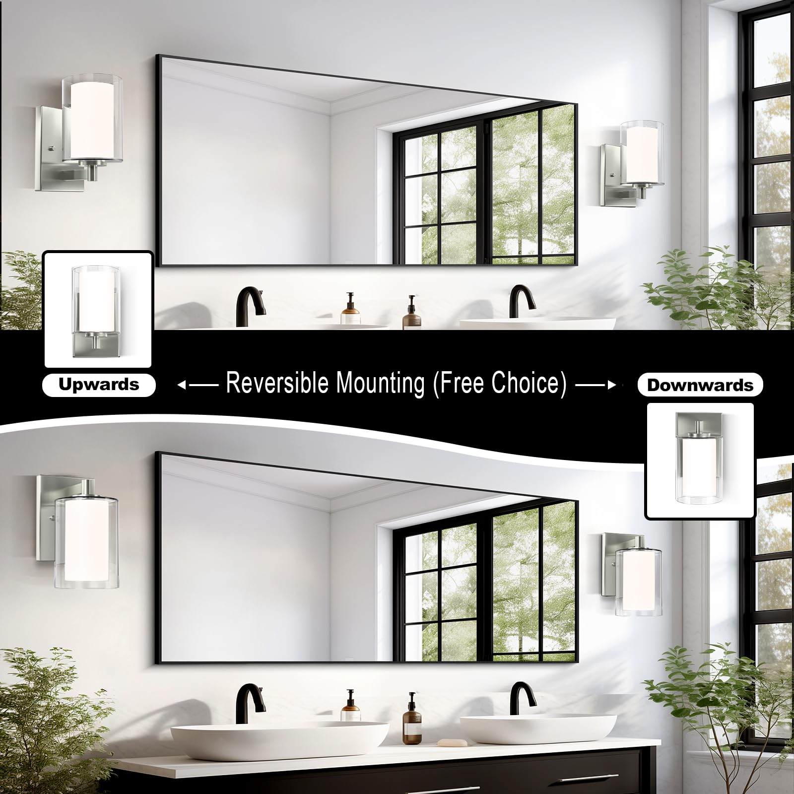 Kalium Wall Sconces Set of 2 Modern Vanity Lights, Double Glass Shade, Matte Black, E26 Base, Ideal for Bathroom, Living Room, Bedroom