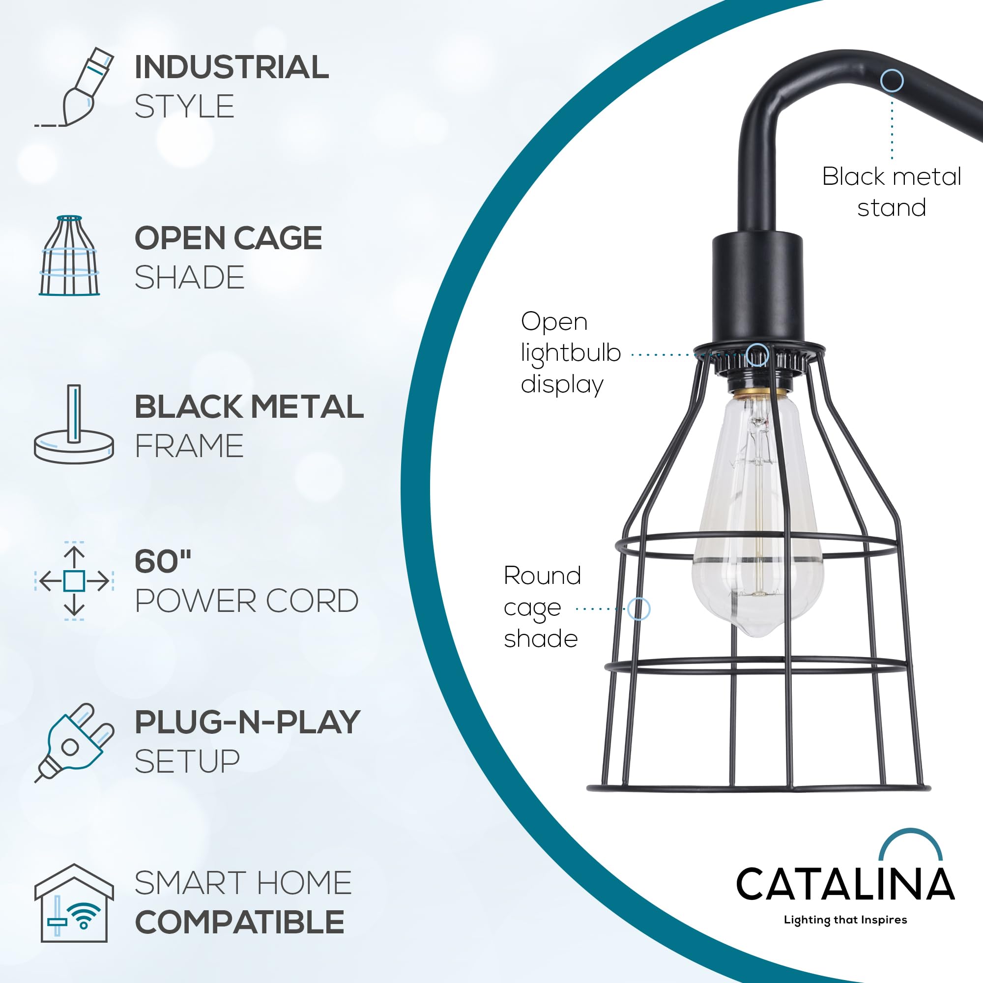 Catalina Lighting Modern Floor Lamp with Caged Shade, 60in, Black, Model 24289-000, Smart Home Compatible