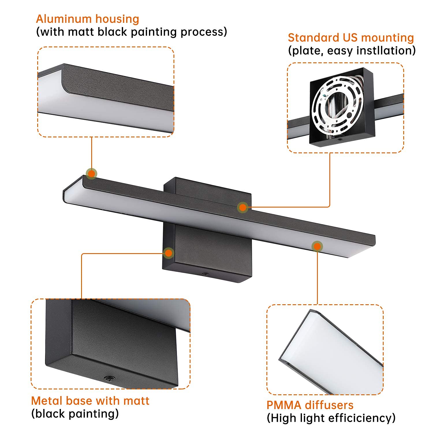 Jusheng 16" Matte Black Bathroom Vanity Light Fixture - Modern Wall Sconce For Mirror & Bedroom