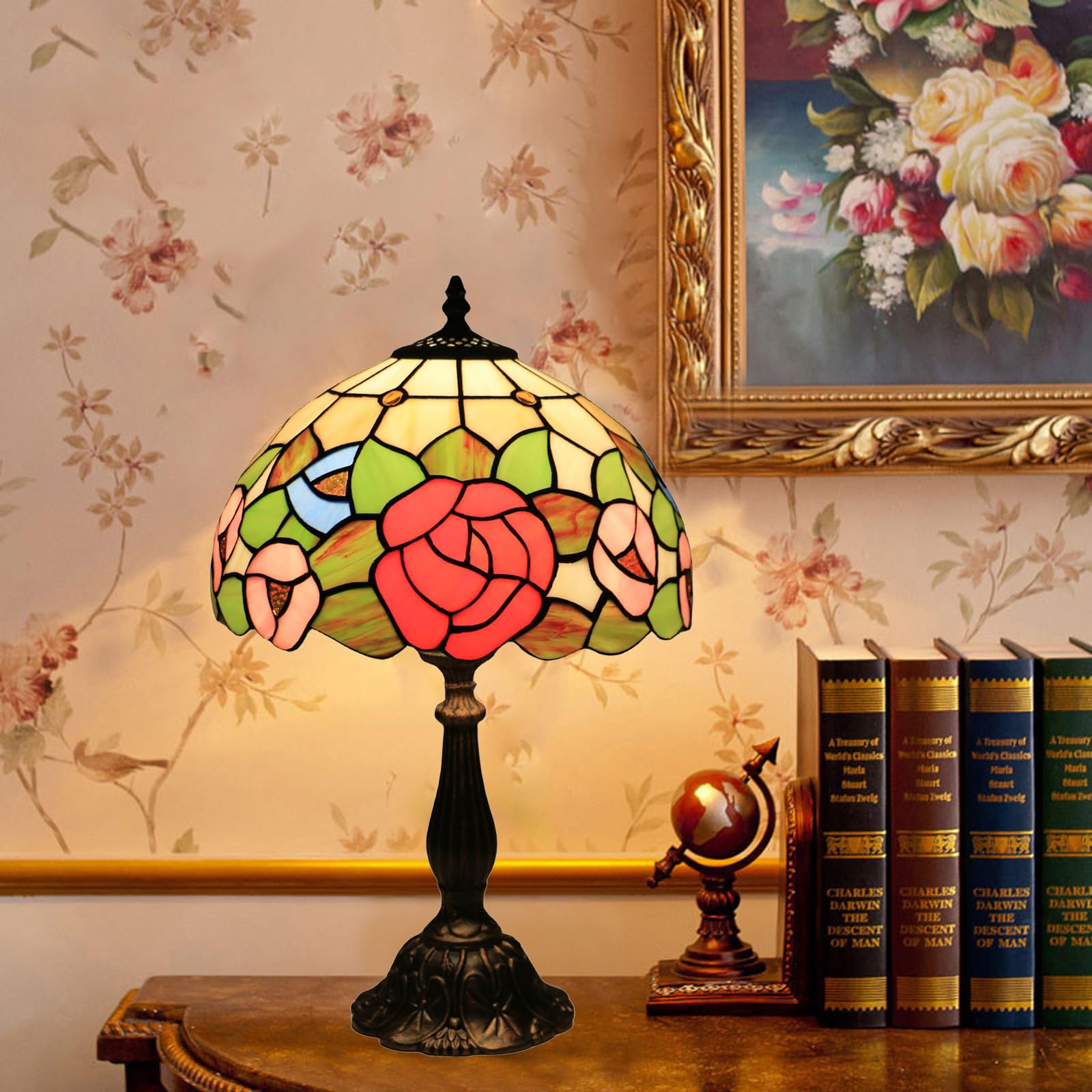 Tuomoxte Tiffany Style Table Lamp, Stained Glass Bedside Lamp, Handmade Antique Desk Lamp, Red Rose Pattern, For Living Room Bed
