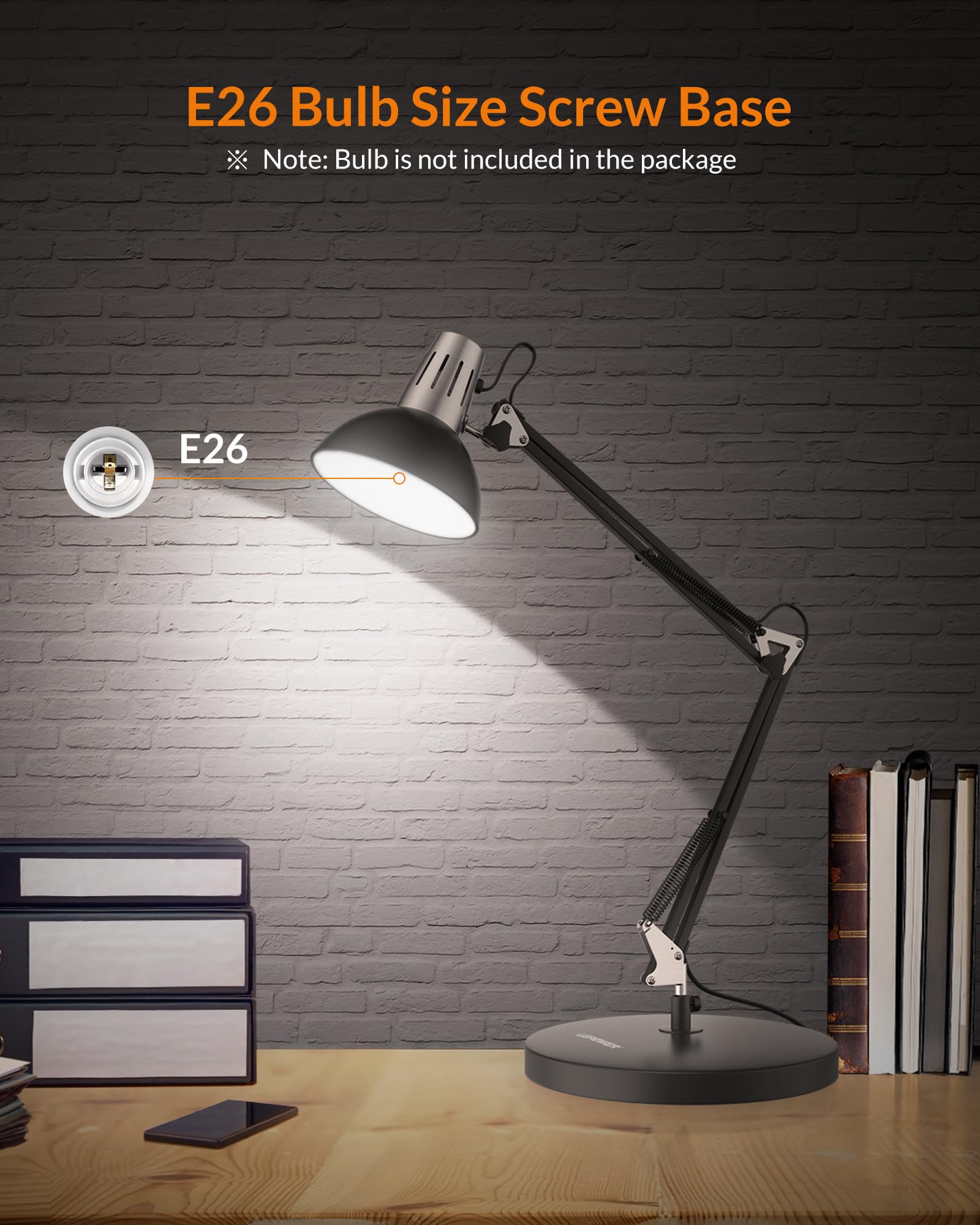 LEPOWER Metal Desk Lamp, Adjustable Goose Neck, On/Off Switch, Clamp, Black, Model UT2020