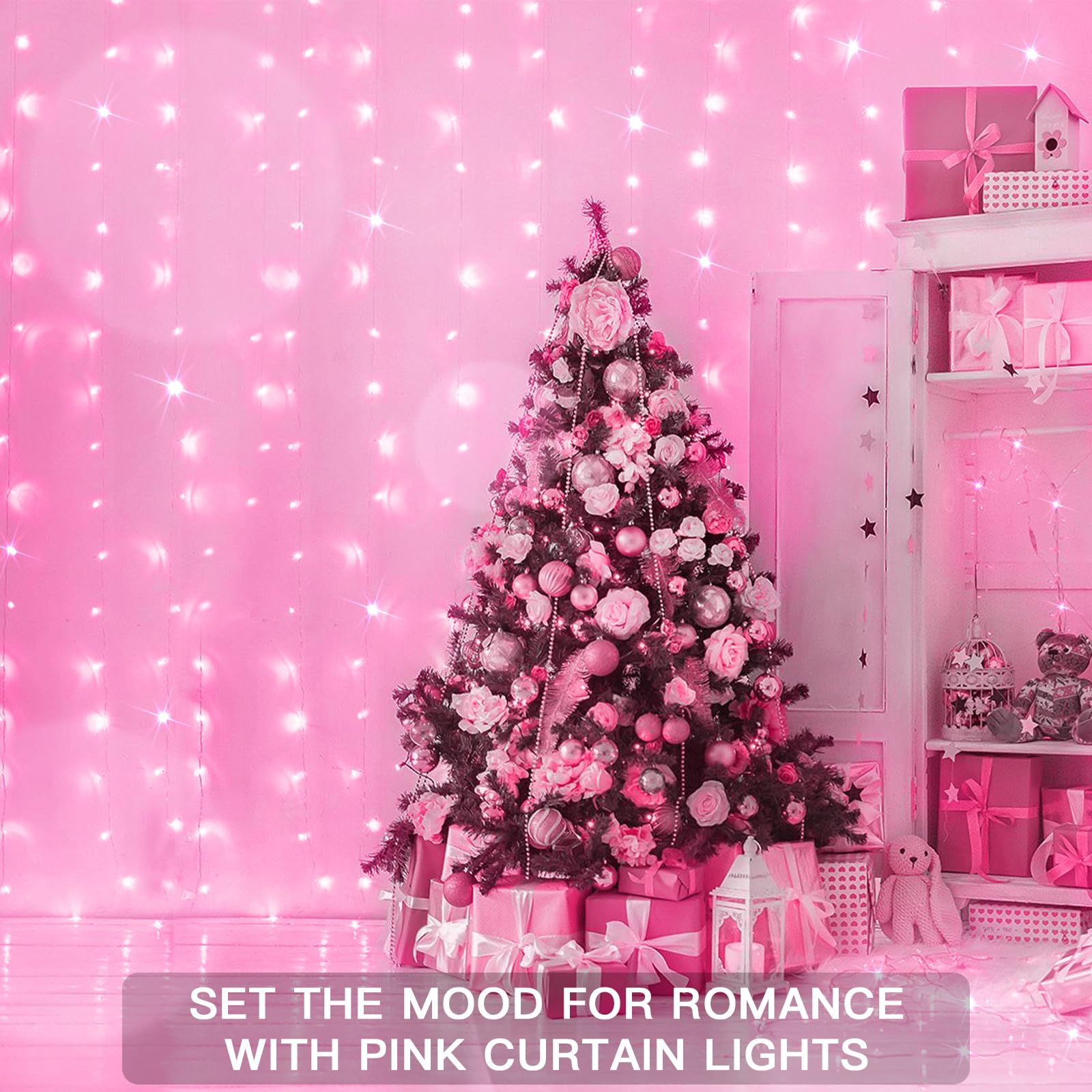 suddus Curtain Lights 200 LED Waterproof Fairy String Lights for Bedroom, Wedding, Party - Pink