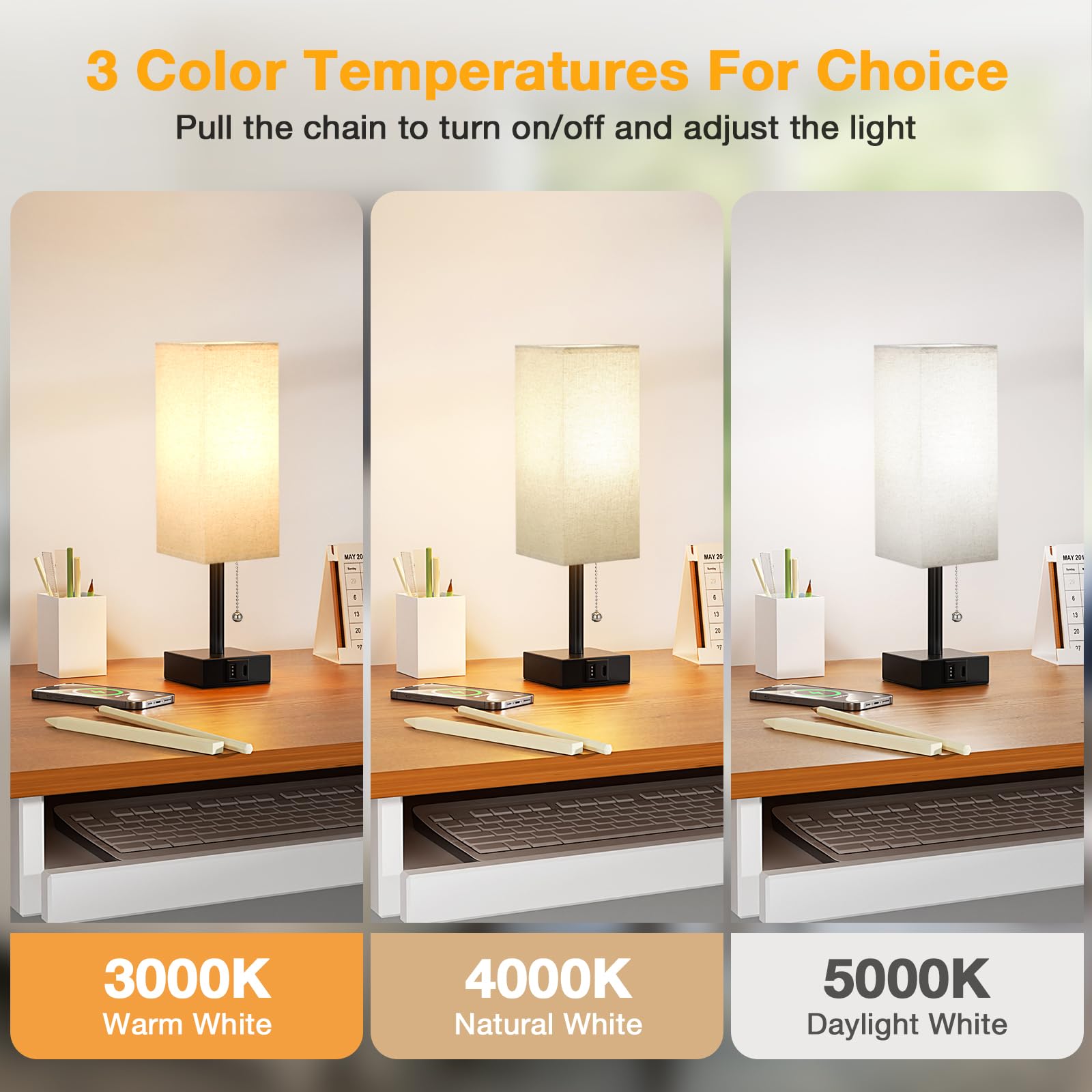 Small Linen Bedroom Lamp - 3 Color Temperature 3000K 5000K 4000K Bedside Lamp, Pull Chain Control, Usb A And C Charging Ports, Black Base, For Kids Office Dorm, Bulb Included