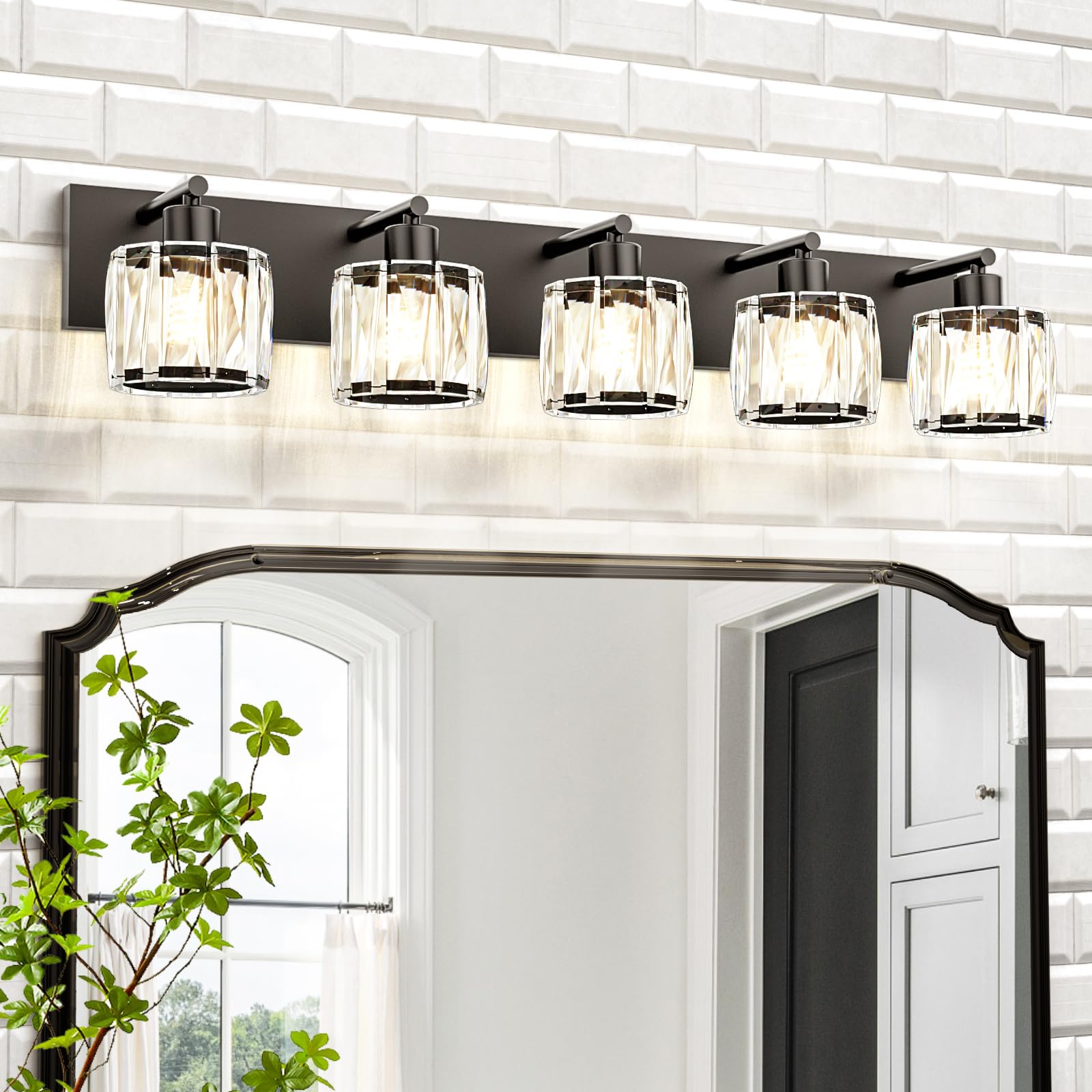 VOLISUN Crystal Vanity Lights for Bathrooms  5 Light Bathroom Vanity Light  Modern Matte Black Bathroom Light Over Mirror  Black Bathrooms Lights Fixtures-UL Certificated(Exclude Bulb)