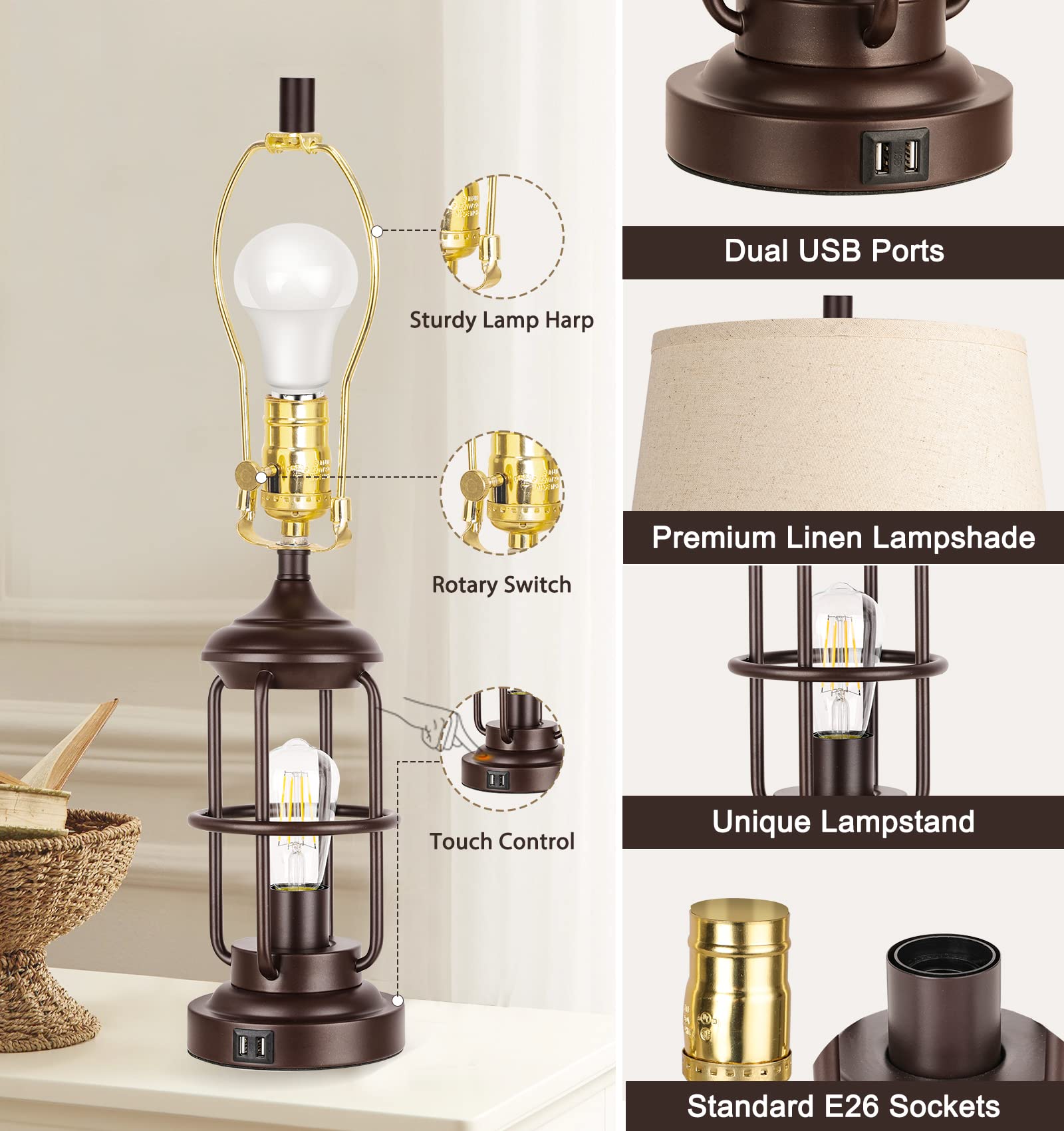 QiMH Table Lamp Set of 2, USB Ports, Touch Control, 3-Way Dimmable, Metal, Beige, Rustic Nightstand Lamps for Living Room Bedroom Decor