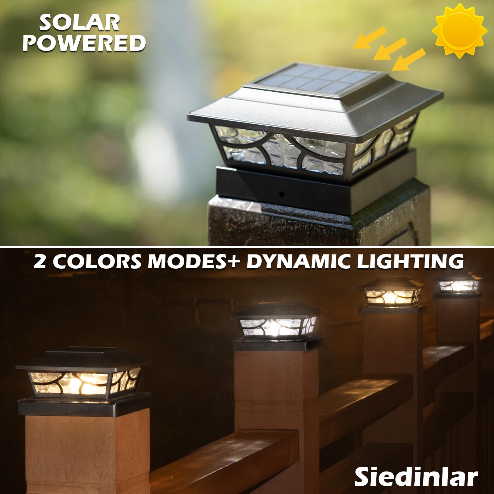 SIEDiNLAR Solar Post Lights 4 Modes for 4x4-6x6 Posts, Black, 6 Pack - Warm White & Cool White Dynamic Lighting