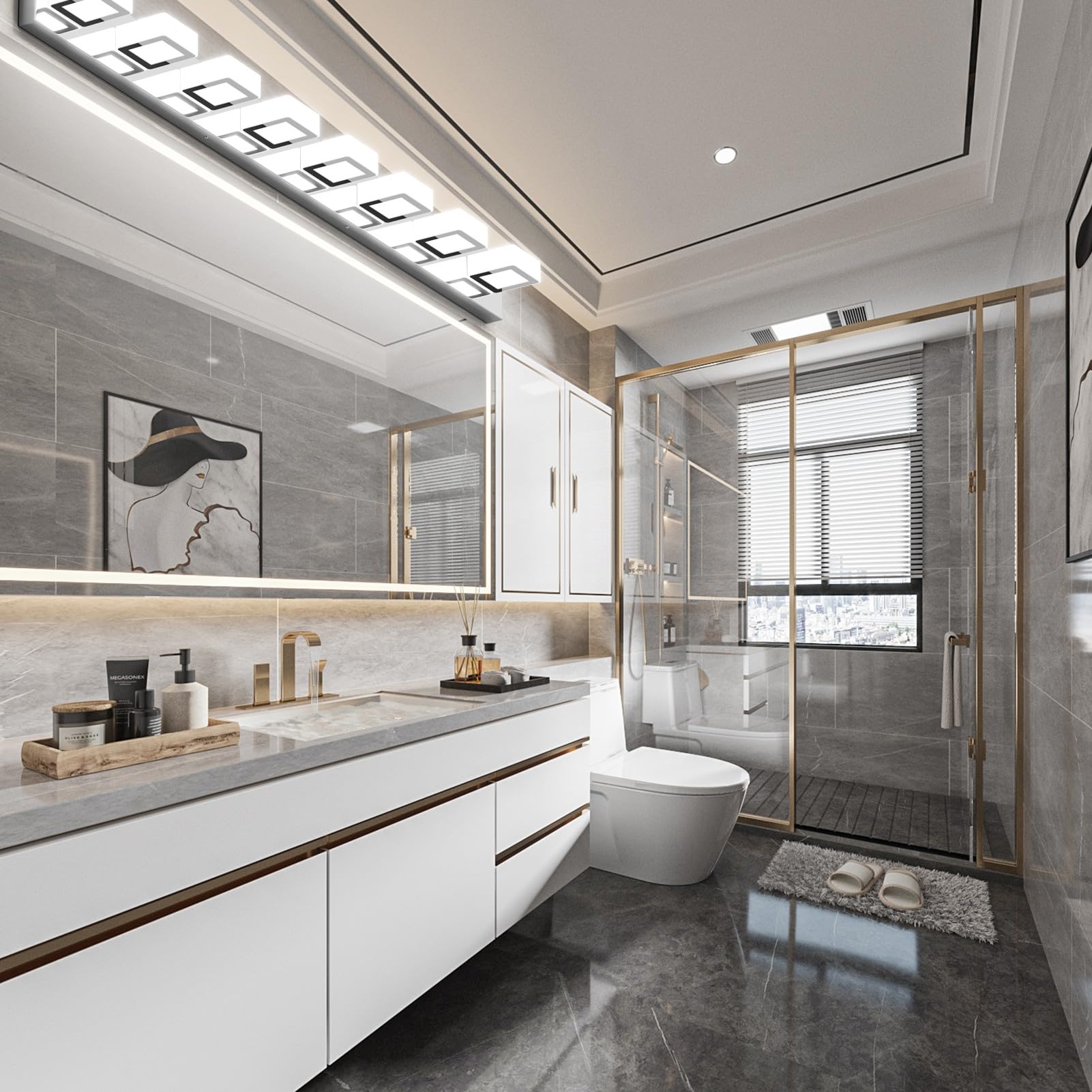 Ralbay 52in Chrome LED Vanity Light Fixture, 8 Lights, Acrylic & Stainless Steel, Model 8590, Modern Bathroom Lighting Over Mirror