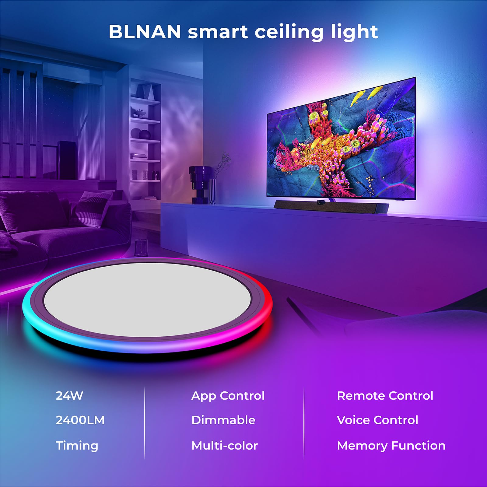 Blnan Smart Rgb Led Flush Mount Ceiling Light With Remote, 13 Inch 24W Dimmable Color Changing Low Profile Wired White Fixture,