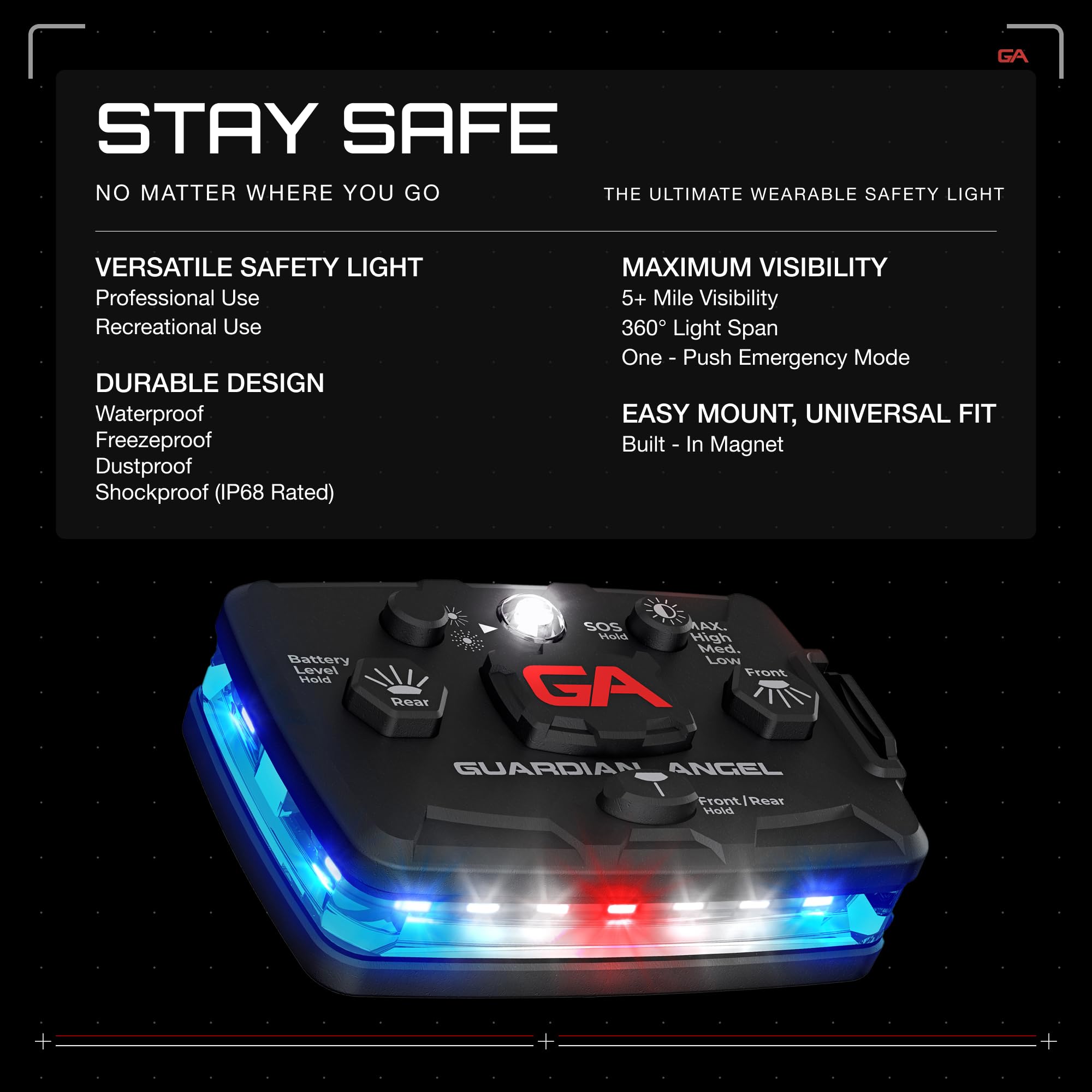 Guardian Angel Elite Series Rechargeable LED Safety Light - Magnetic, Hands-Free, Blue/White Front, Blue Rear, Model ELT-B/B